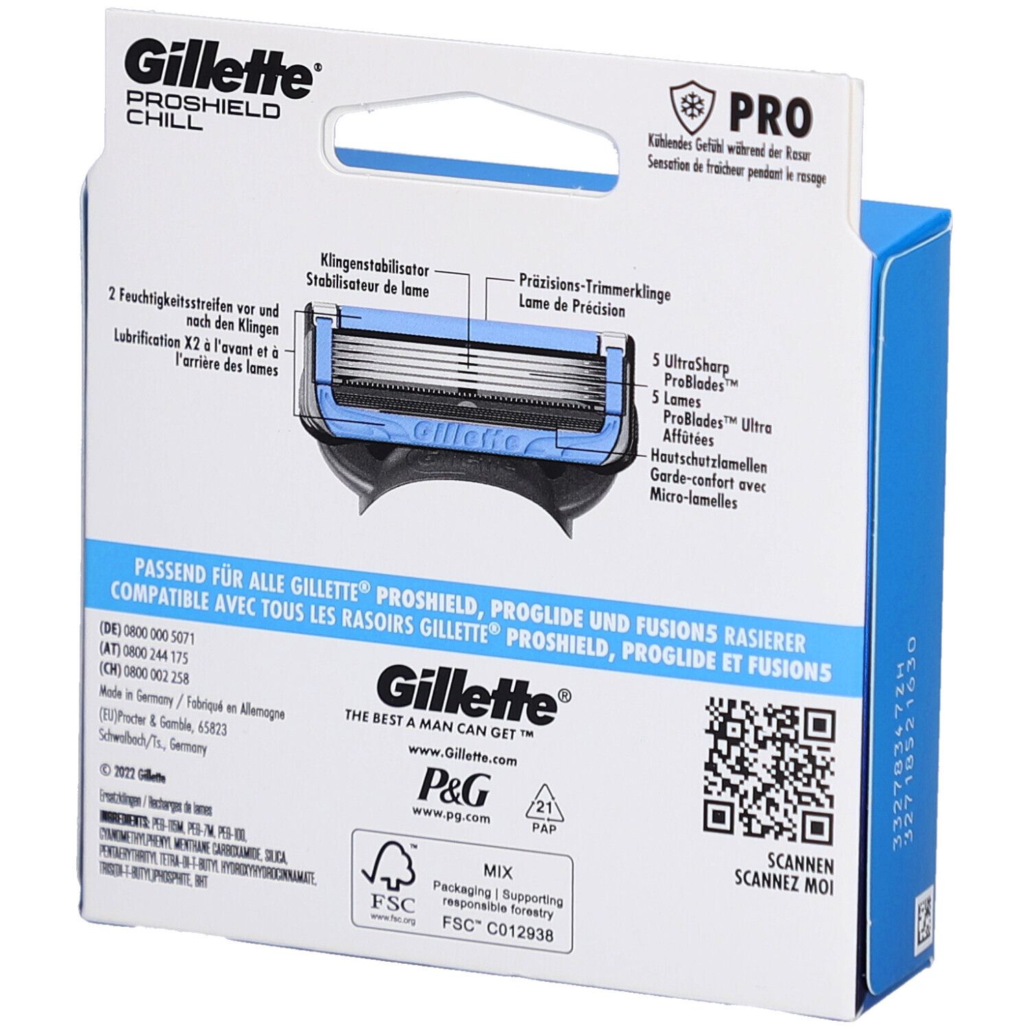 Retro della confezione Gillette ProShield Chill. Caratteristiche del prodotto, nota di compatibilità, codice QR.