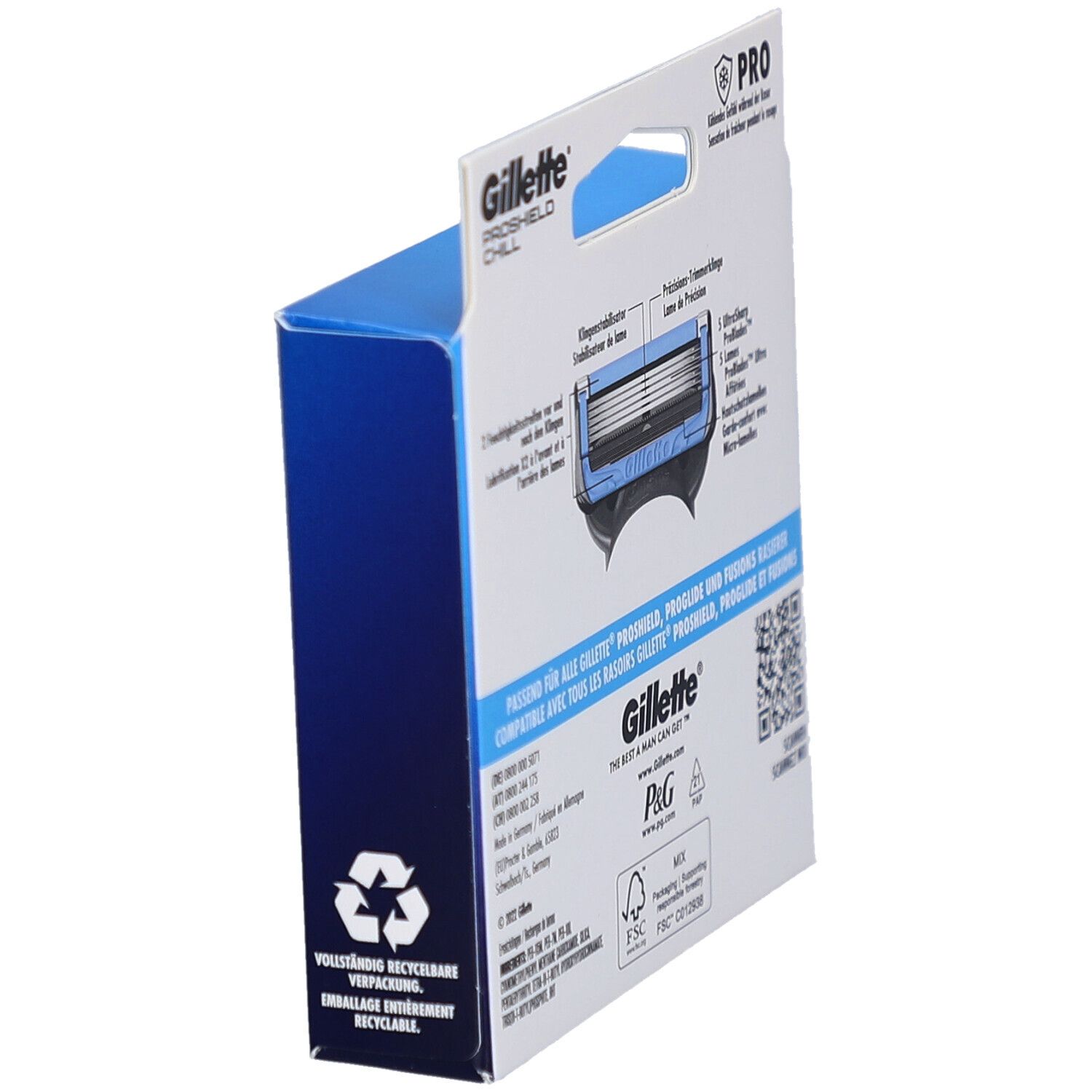 Confezione Gillette ProShield Chill, vista laterale. Caratteristiche del prodotto, simbolo di riciclaggio, certificazione FSC.