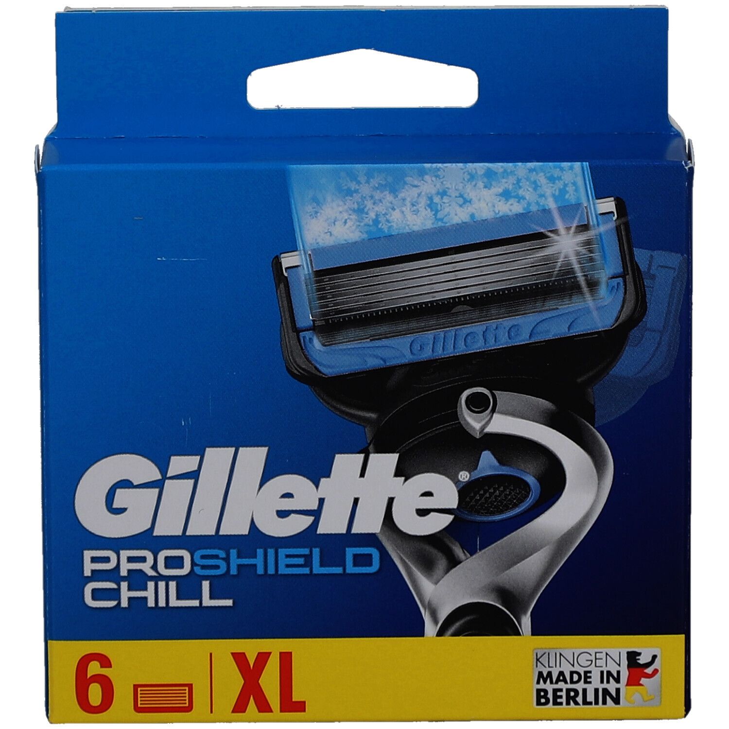 Confezione di lamette da barba Gillette ProShield Chill. Scatola blu con immagine del rasoio. Contiene 6 lame, XL.