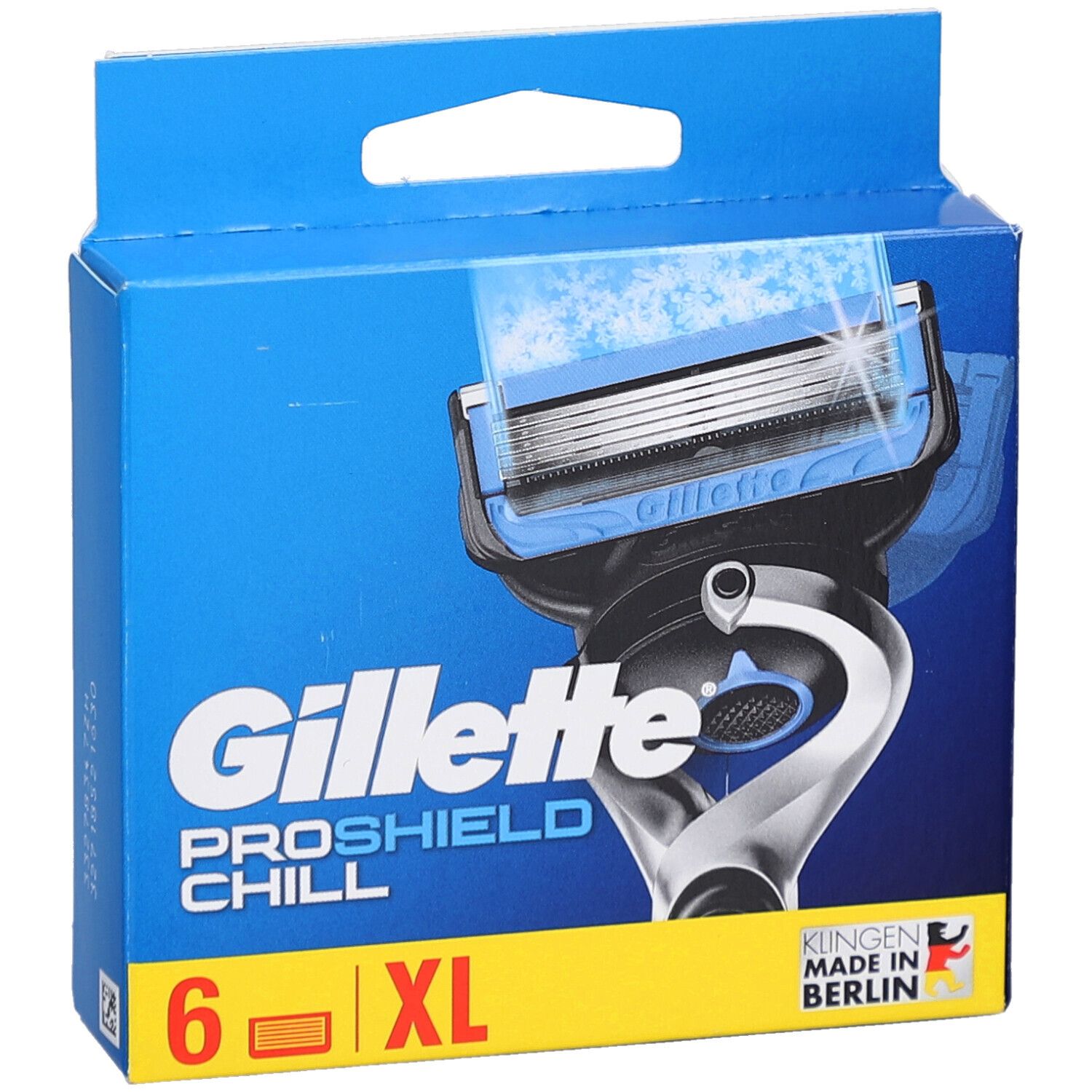 Confezione di lamette da barba Gillette ProShield Chill. Scatola blu con immagine del rasoio. Contiene 6 lame, XL.