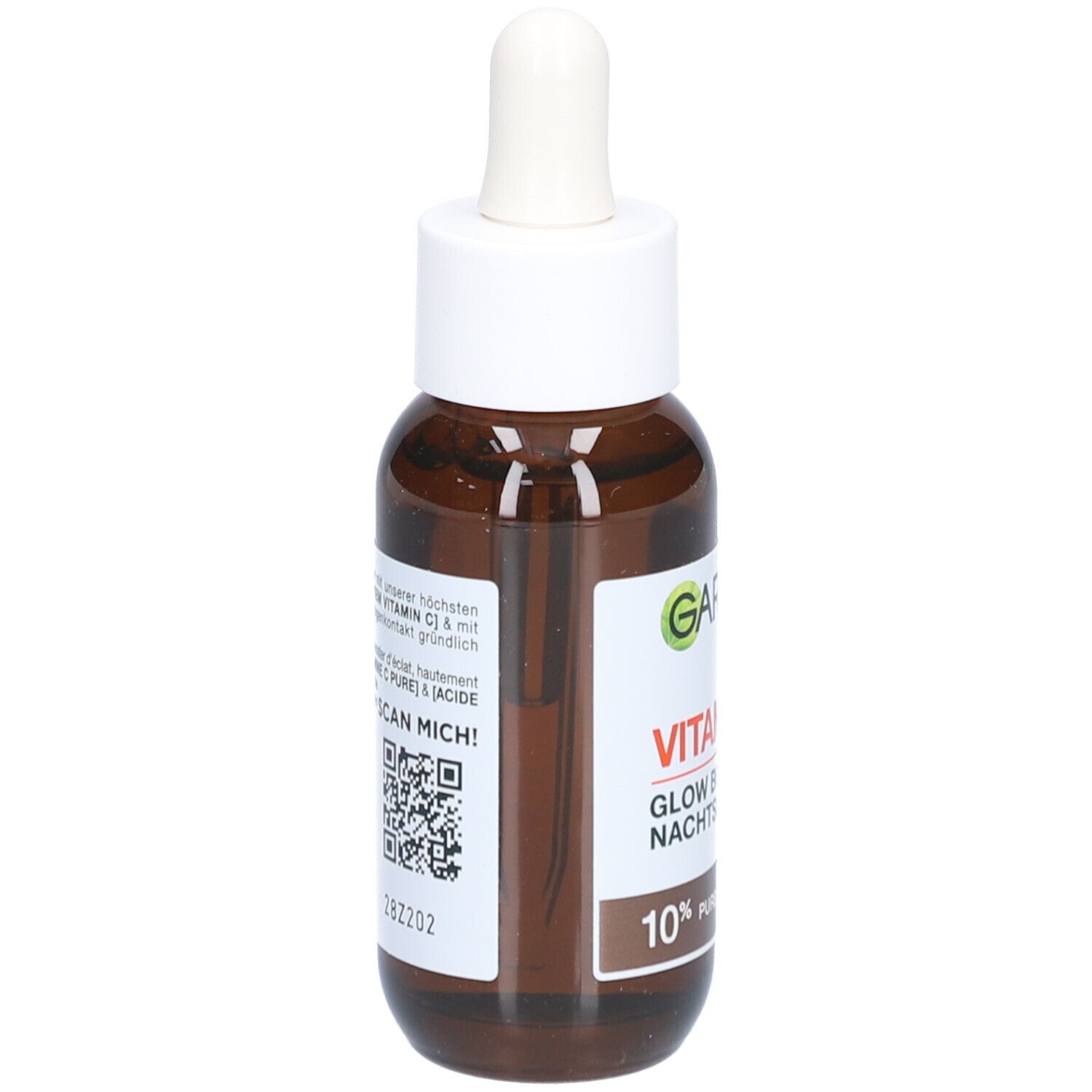 Flacone di vetro marrone con tappo bianco e pipetta. Etichetta con testo e codice QR. Nome del prodotto non visibile.