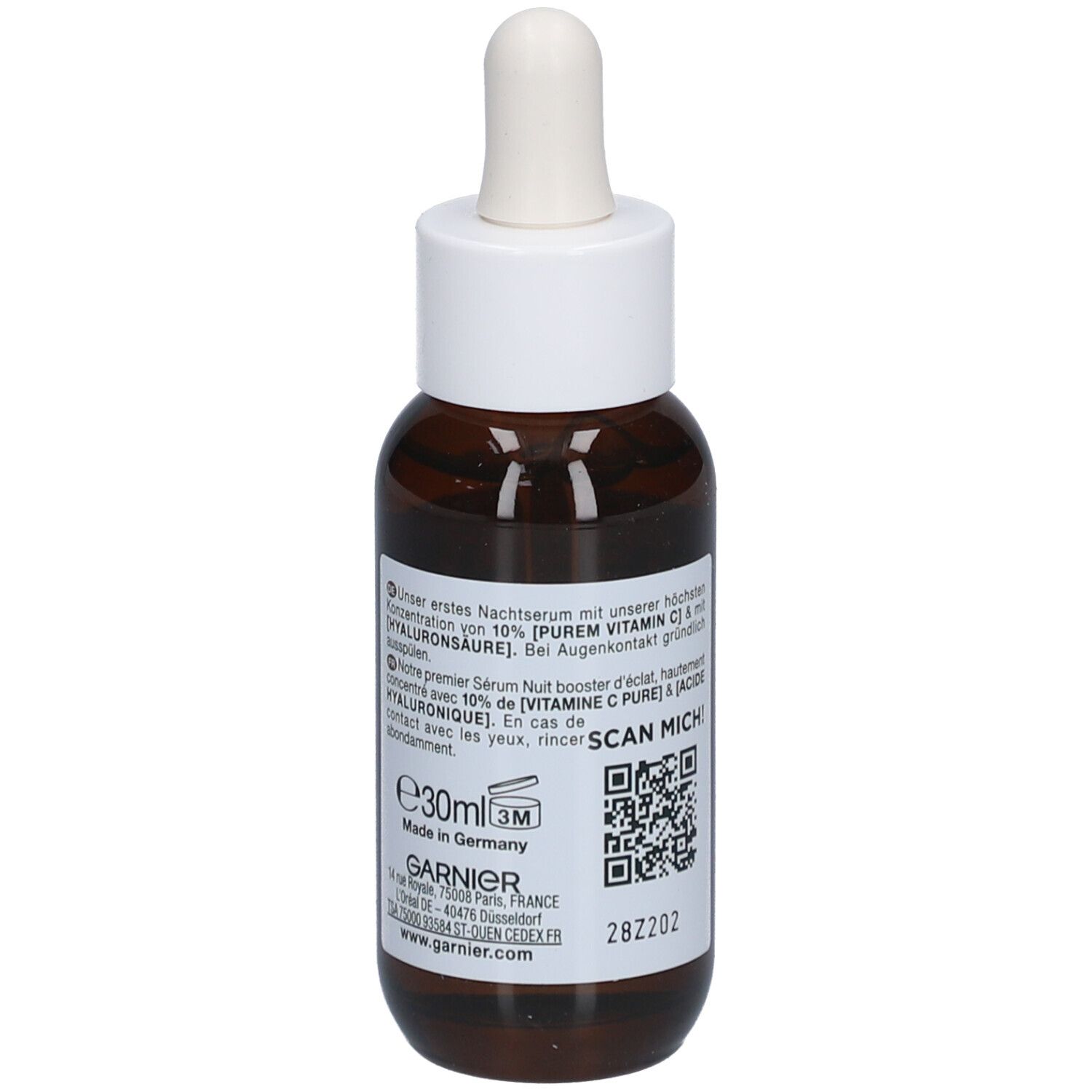 Flacone di vetro marrone con tappo bianco e pipetta. Etichetta con testo, codice QR e indicazione del volume. Nome del prodotto non visibile.