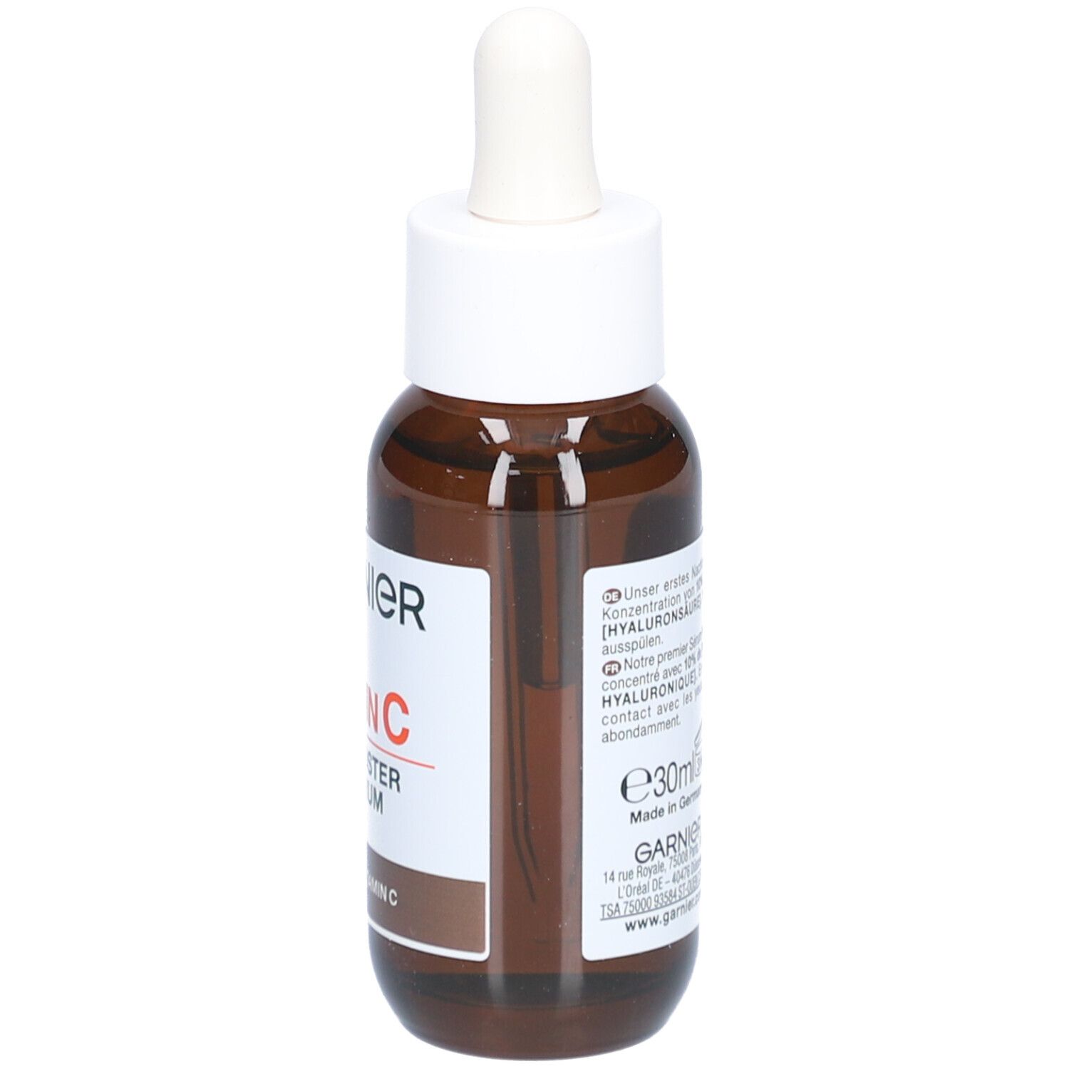 Flacone di vetro marrone con tappo bianco e pipetta. Etichetta con testo e indicazione del volume. Nome del prodotto non visibile.