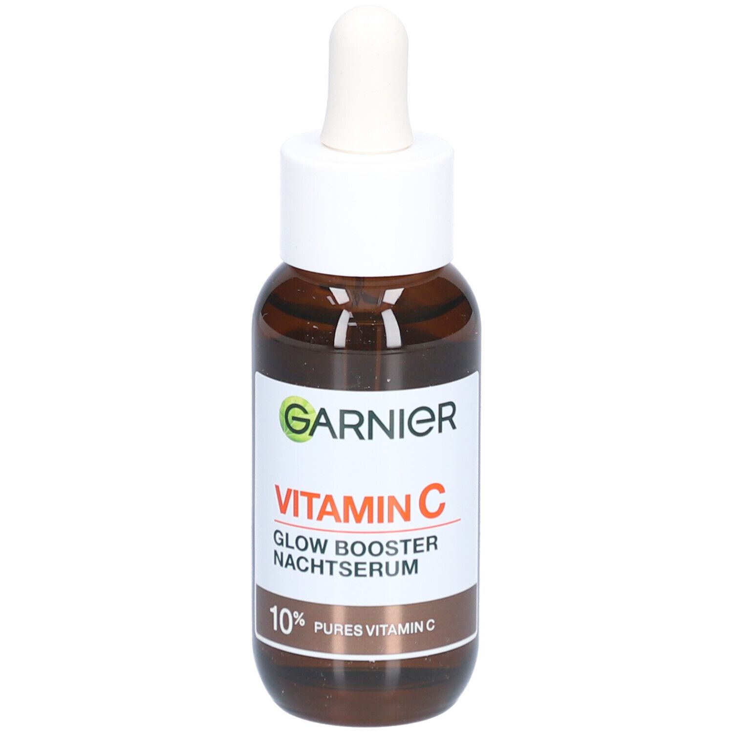 Flacone di vetro marrone con tappo bianco e pipetta. Etichetta con nome del prodotto e indicazione del contenuto. Marchio Garnier visibile.