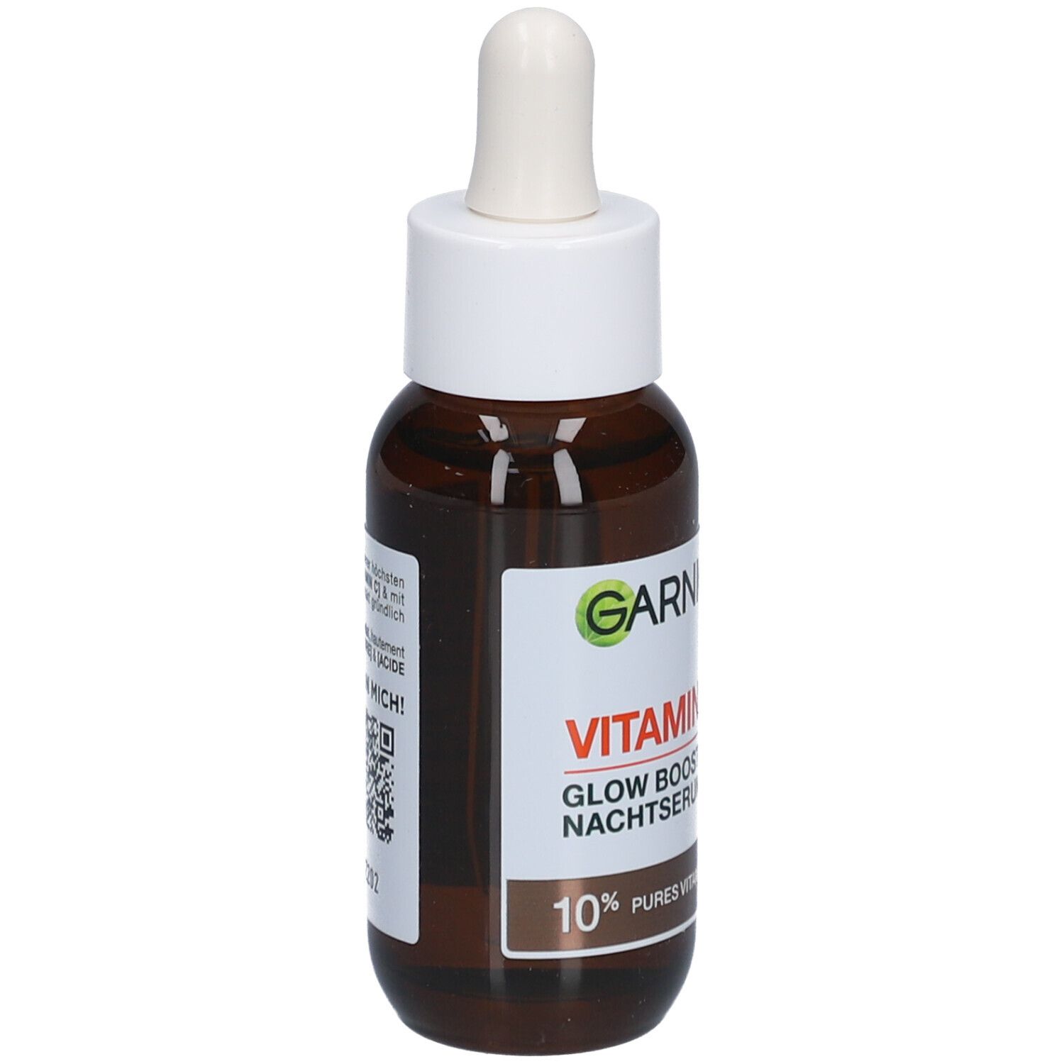 Flacone di vetro marrone con tappo bianco e pipetta. Etichetta con nome del prodotto e indicazione del contenuto. Marchio Garnier visibile.