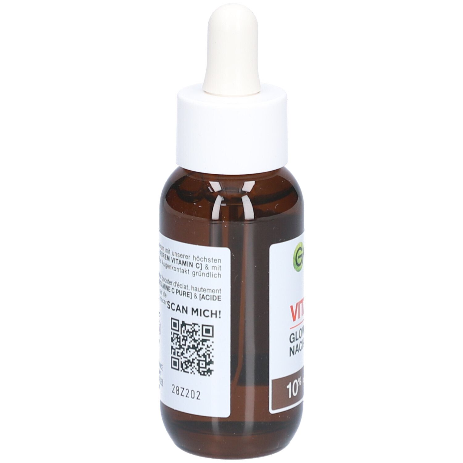Flacone di vetro marrone con tappo bianco e pipetta. Etichetta con testo e indicazione del contenuto. Marchio Garnier visibile.