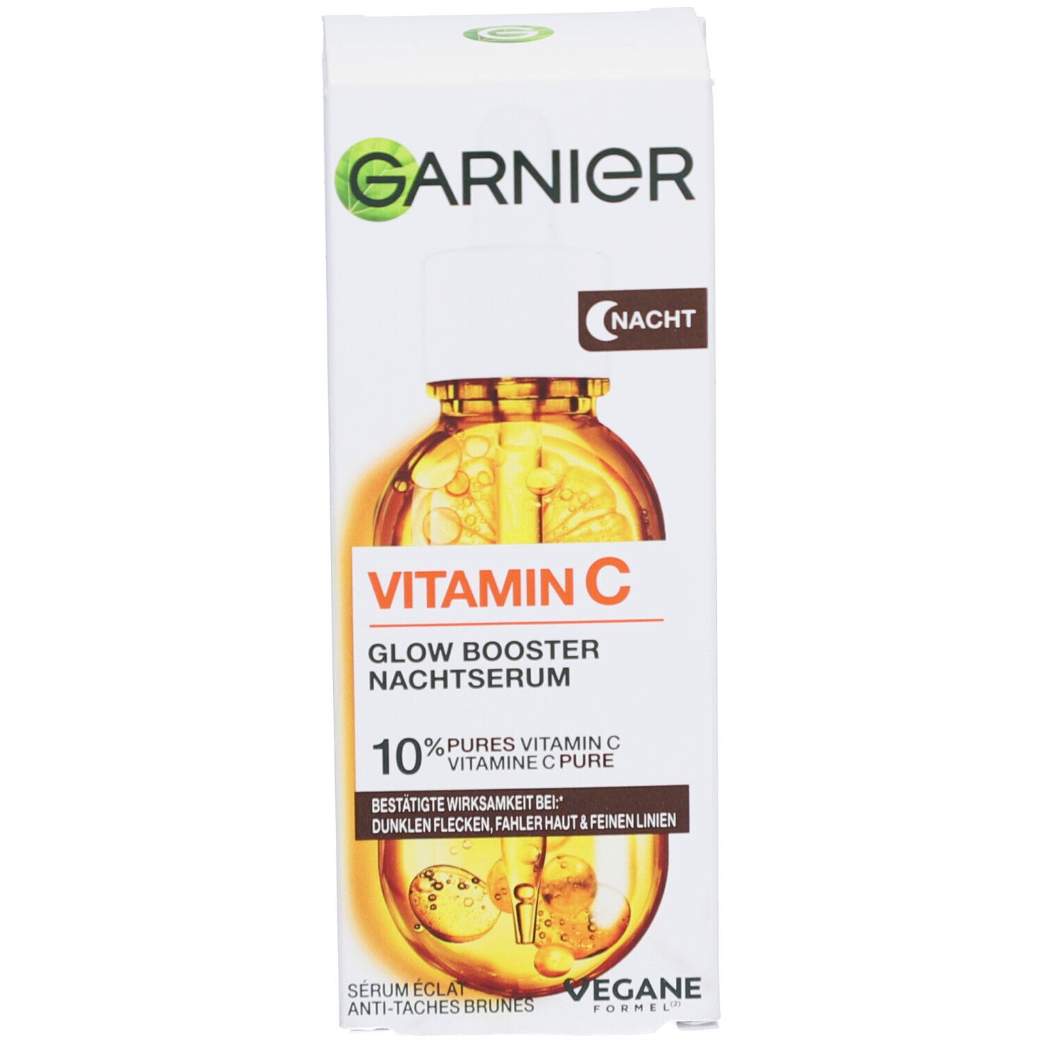 Confezione del prodotto con nome del prodotto e indicazione del contenuto. Marchio Garnier visibile. È raffigurato un flacone con pipetta.