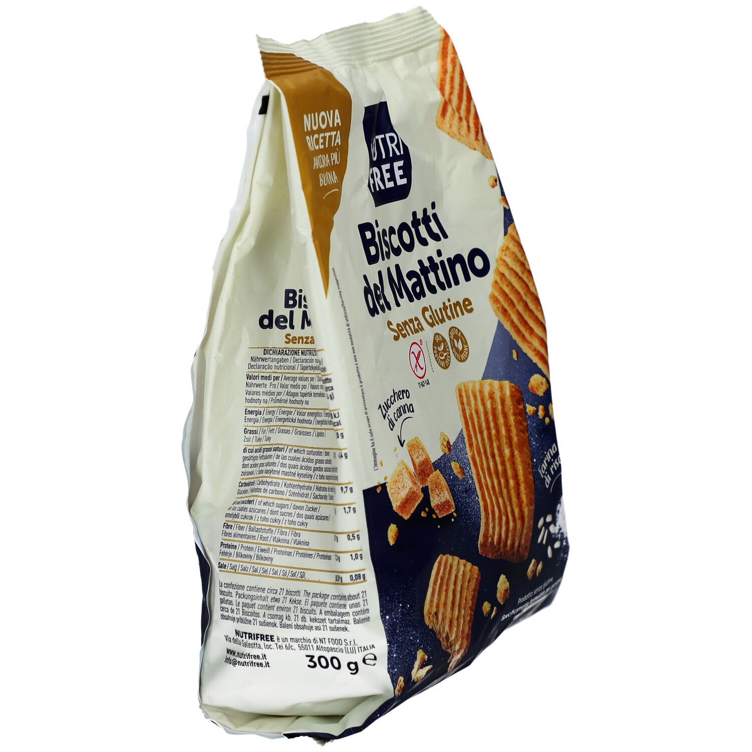 Confezione di biscotti senza glutine. Scritte: Nutri Free, Biscotti del Mattino, Senza Glutine. Vista laterale con informazioni nutrizionali.