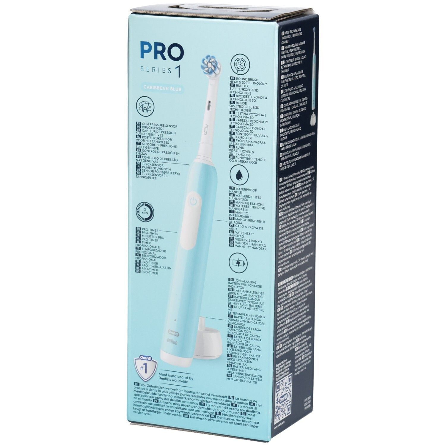 Confezione con spazzolino. Informazioni e loghi del prodotto. Spazzolino blu e bianco. Illustrazioni e testo.