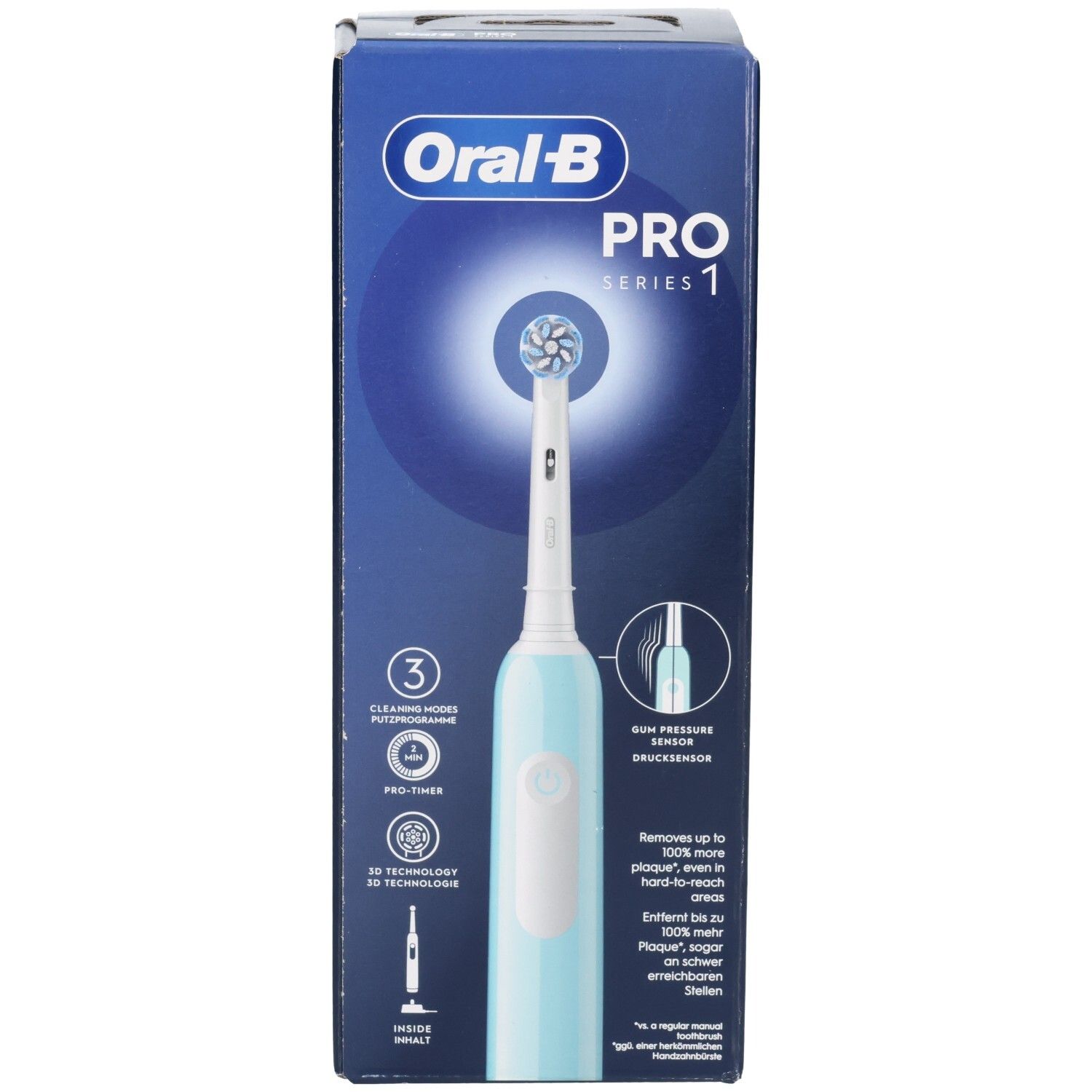 Spazzolino da denti nella confezione. Spazzolino elettrico blu e bianco con testina rotonda. Confezione con informazioni e logo.