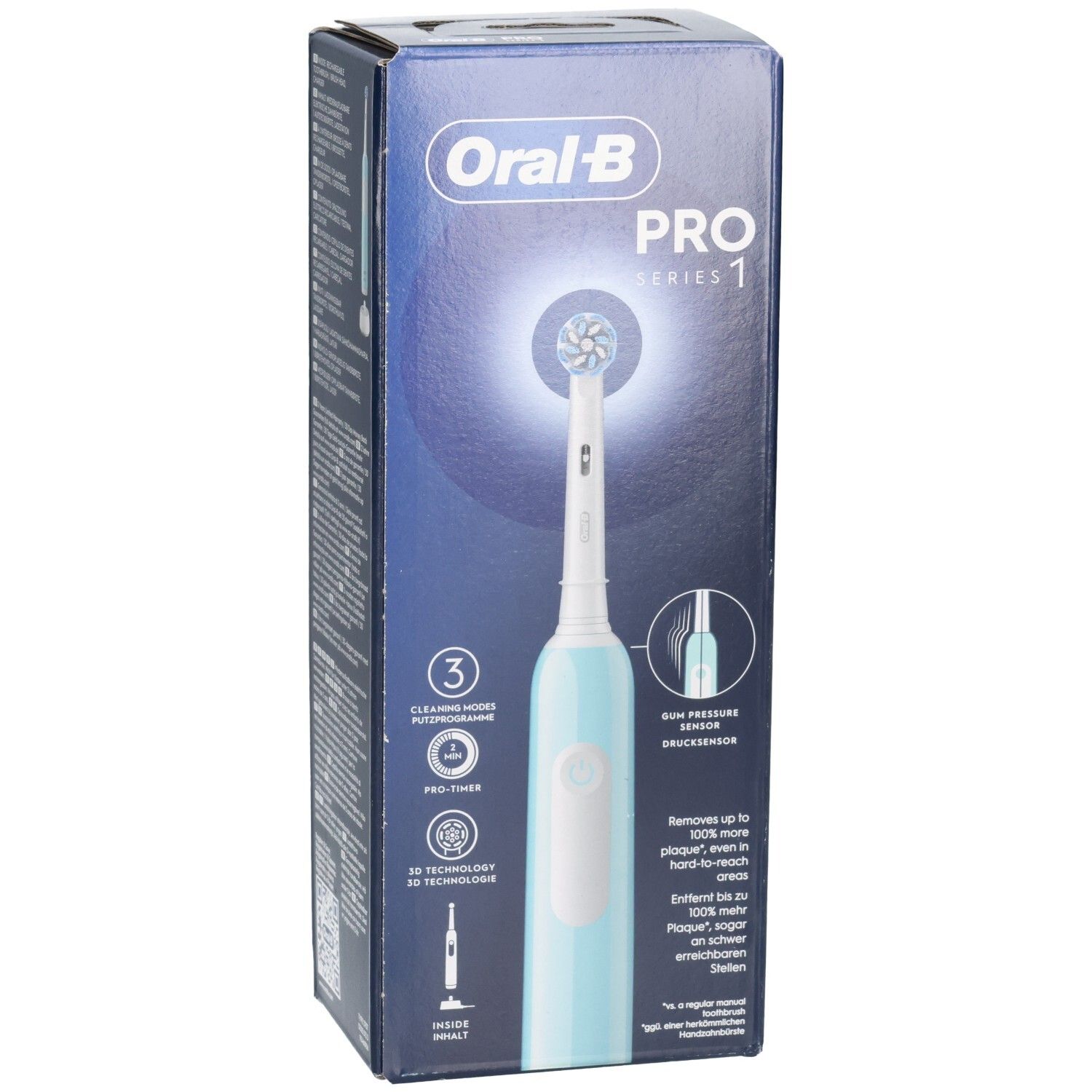 Spazzolino da denti nella confezione. Spazzolino elettrico blu e bianco con testina rotonda. Confezione con informazioni e logo.