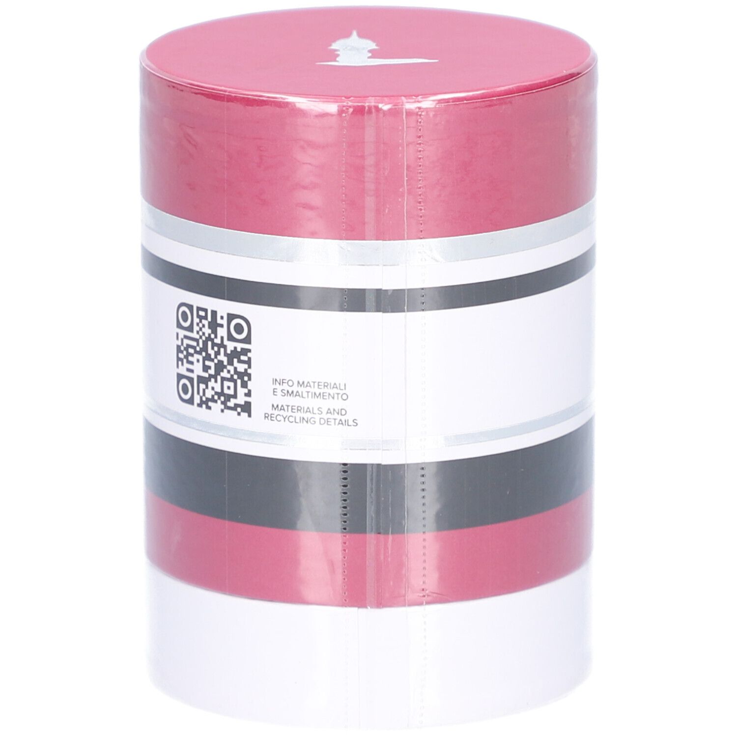 Confezione cilindrica. Rosso, bianco, nero e argento. Scritta: TRUSSARDI RUBY RED. Codice QR e testo.