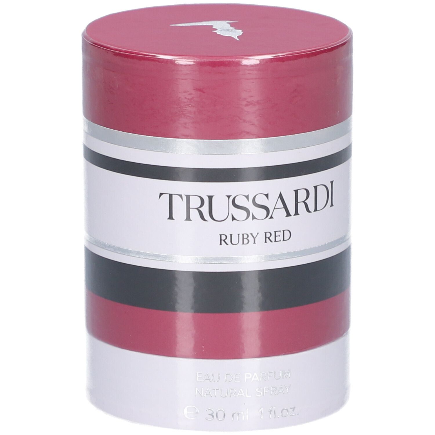 Confezione cilindrica. Rosso, bianco, nero e argento. Scritta: TRUSSARDI RUBY RED. 30 ml.