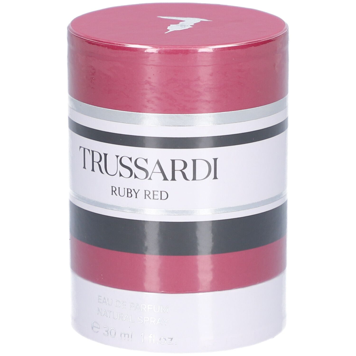 Confezione cilindrica. Rosso, bianco, nero e argento. Scritta: TRUSSARDI RUBY RED. 30 ml.