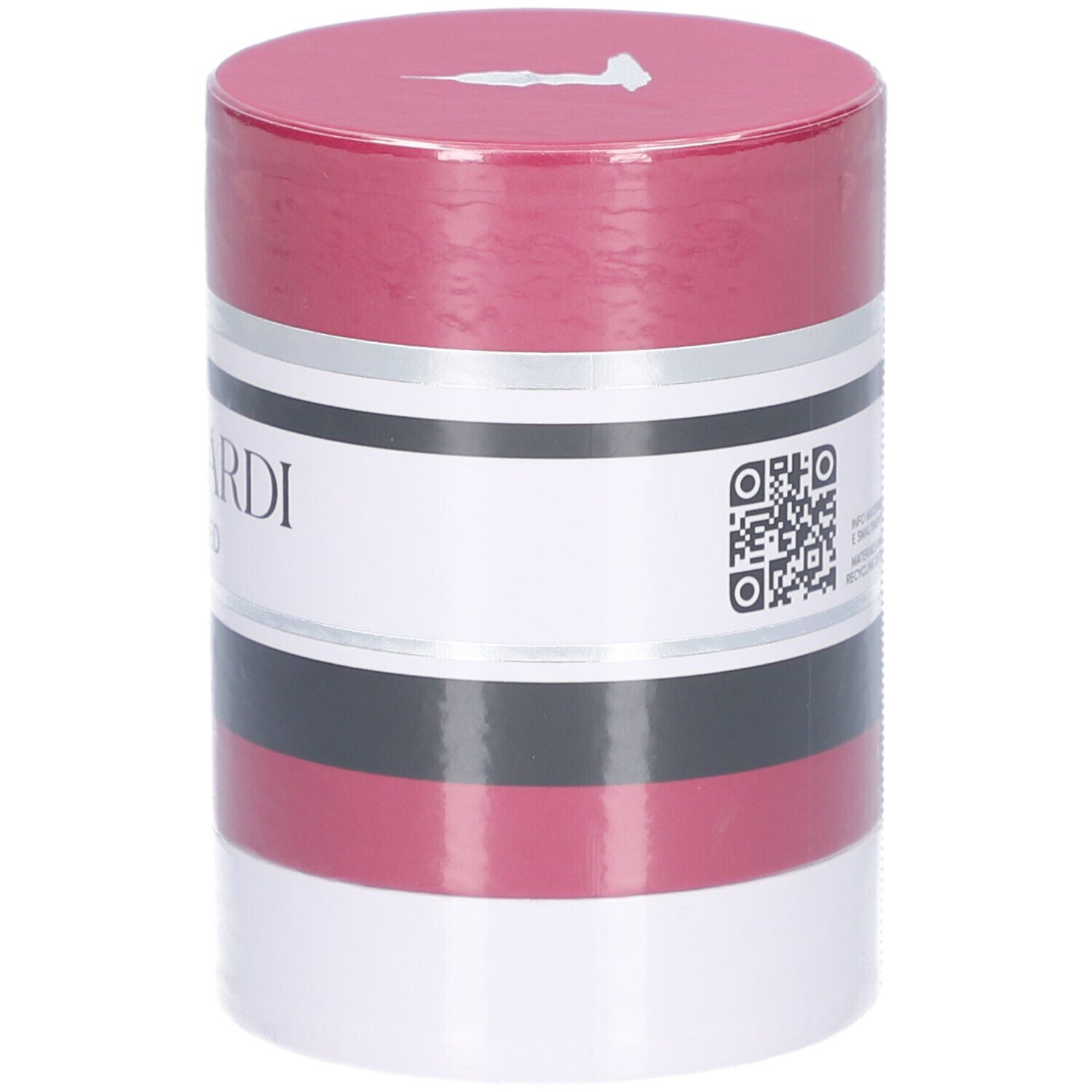 Confezione cilindrica. Rosso, bianco, nero e argento. Scritta: TRUSSARDI RUBY RED. Codice QR e testo.