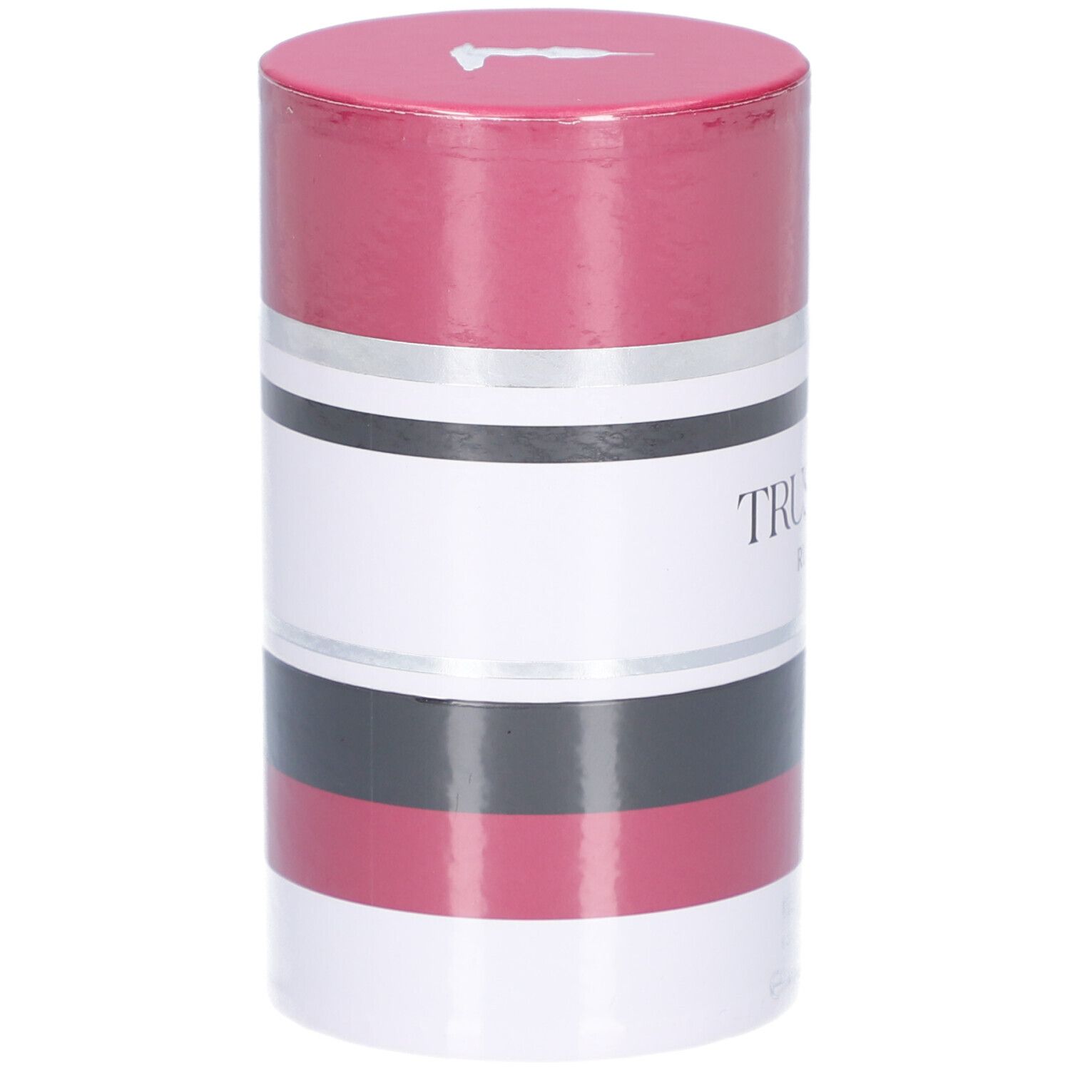 Confezione cilindrica. Marchio Trussardi, Ruby Red. Strisce colorate: rosso, nero, argento, bianco. Coperchio rosso.