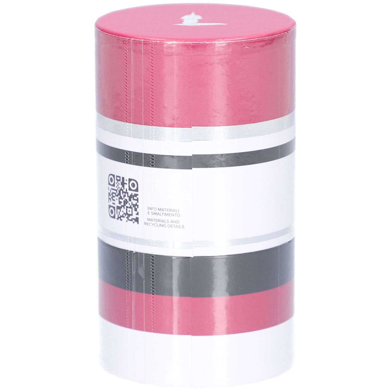 Confezione cilindrica. Marchio Trussardi, Ruby Red. Strisce colorate: rosso, nero, argento, bianco. Coperchio rosso.