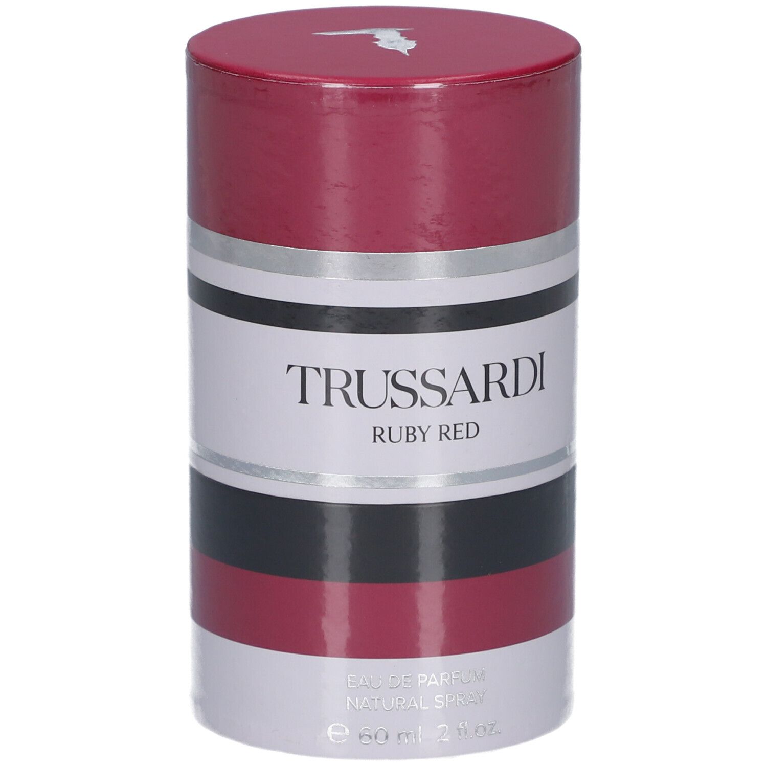 Confezione cilindrica. Marchio Trussardi, Ruby Red. Strisce colorate: rosso, nero, argento, bianco. Coperchio rosso.