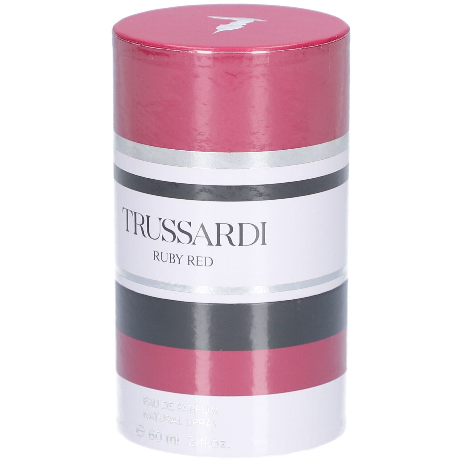 Confezione cilindrica. Marchio Trussardi, Ruby Red. Strisce colorate: rosso, nero, argento, bianco. Coperchio rosso.