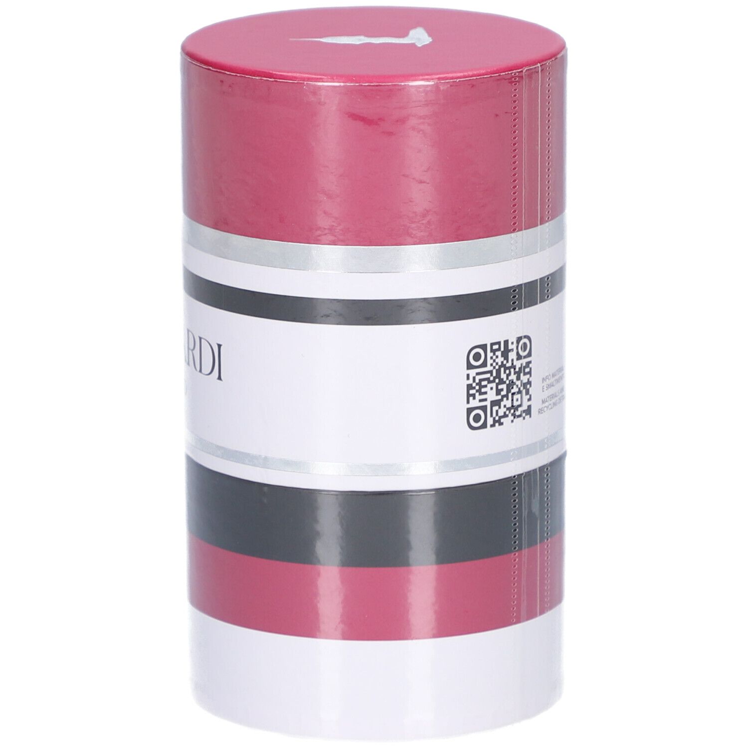 Confezione cilindrica. Marchio Trussardi, Ruby Red. Strisce colorate: rosso, nero, argento, bianco. Coperchio rosso.