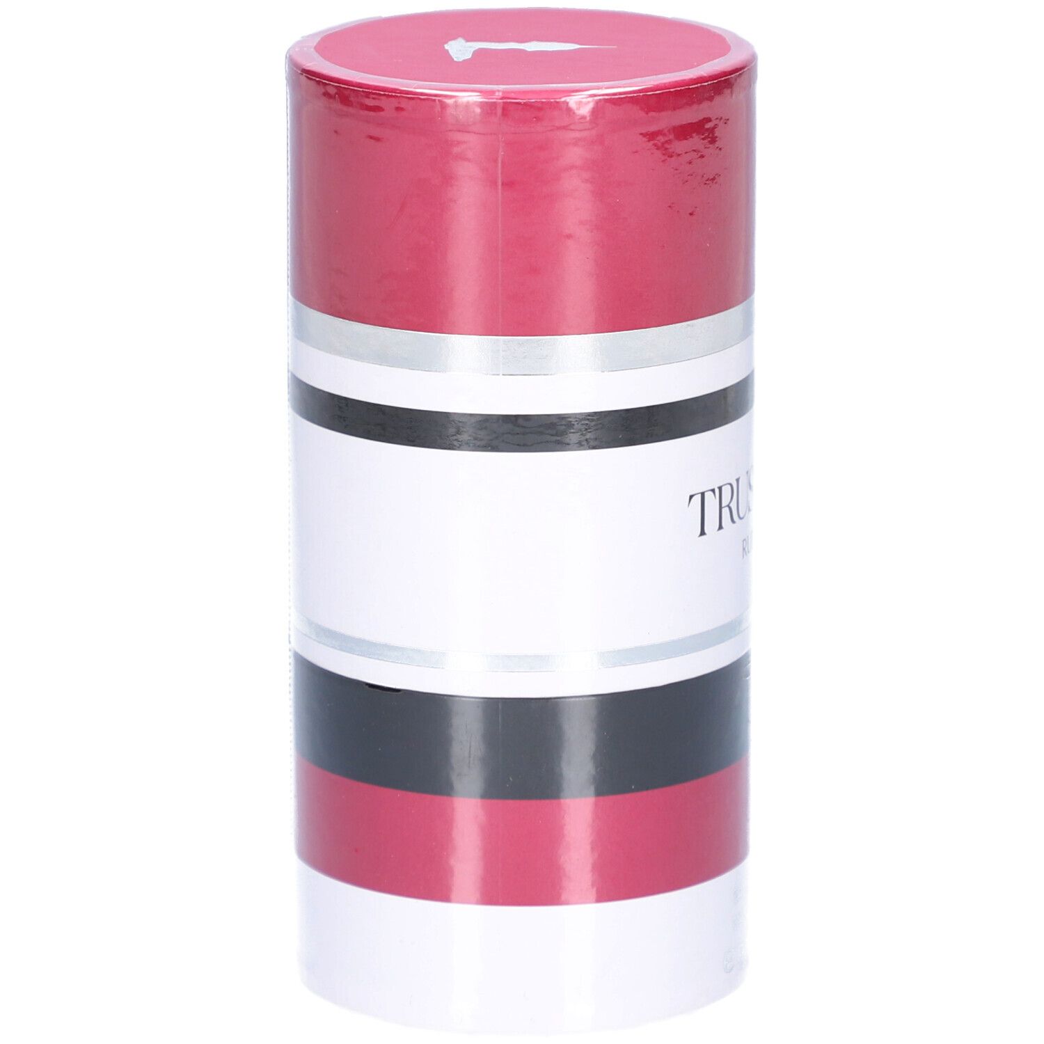 Confezione cilindrica. Rosso, bianco, nero e argento. Testo: TRUSSARDI RUBY RED.