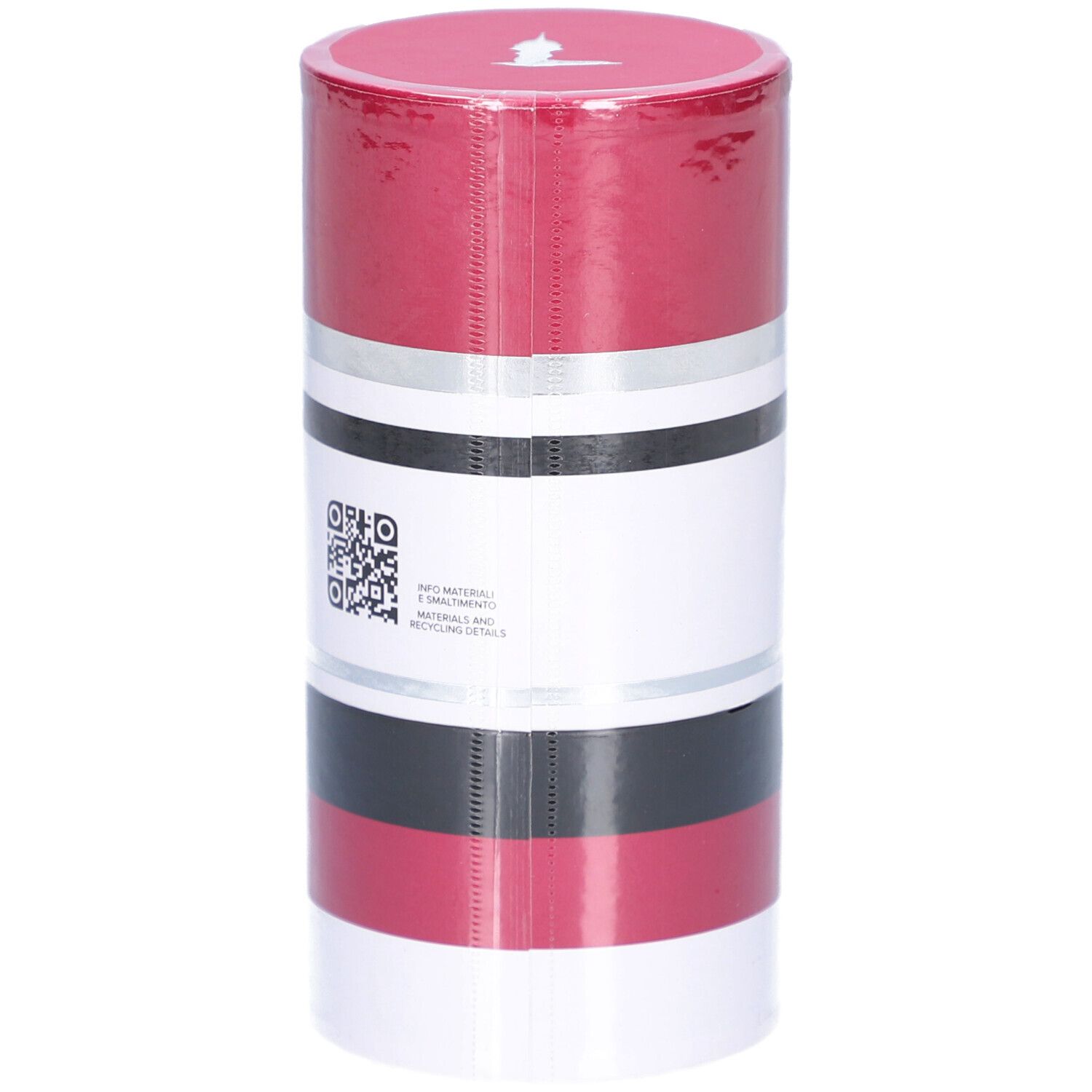 Confezione cilindrica. Rosso, bianco, nero e argento. Testo: TRUSSARDI RUBY RED.