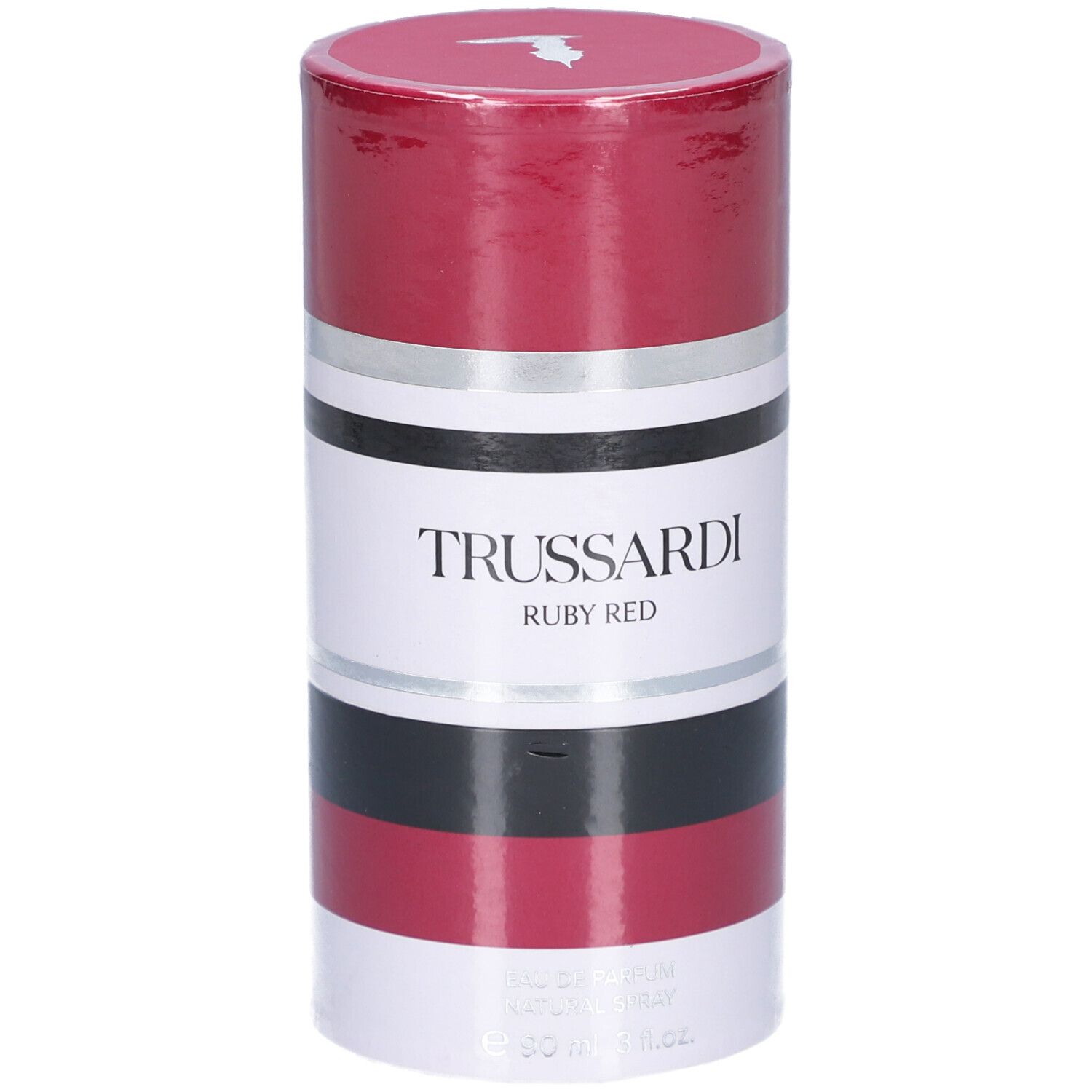 Confezione cilindrica. Rosso, bianco, nero e argento. Testo: TRUSSARDI RUBY RED.