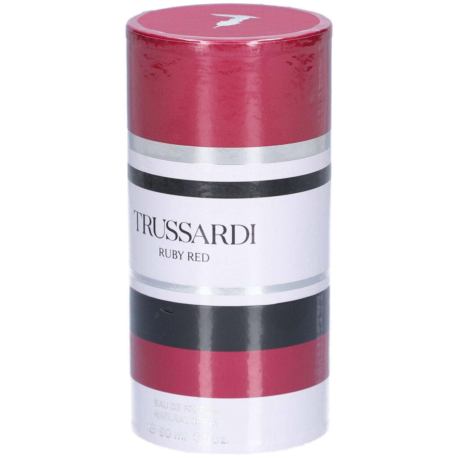 Confezione cilindrica. Rosso, bianco, nero e argento. Testo: TRUSSARDI RUBY RED.