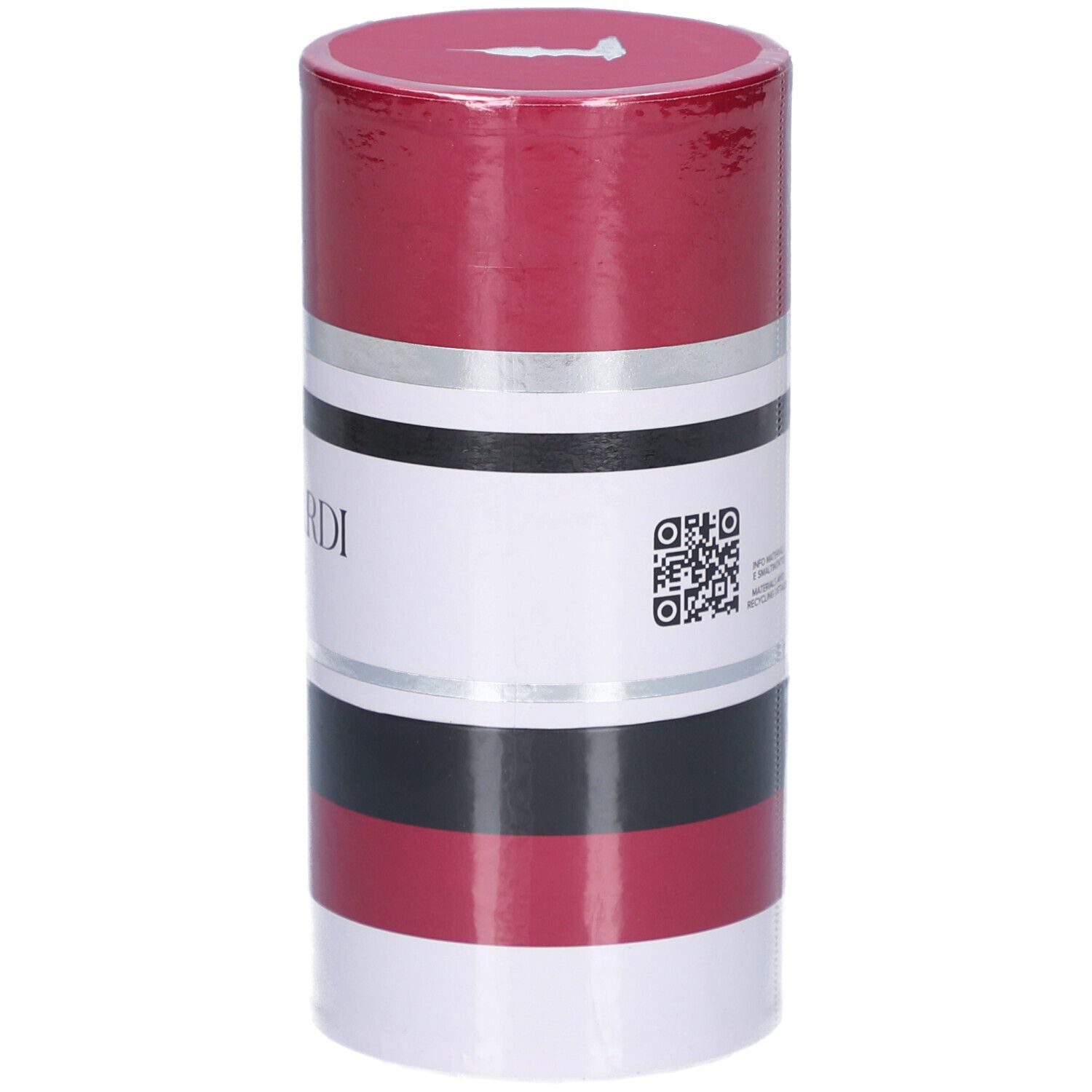 Confezione cilindrica. Rosso, bianco, nero e argento. Testo: TRUSSARDI RUBY RED.