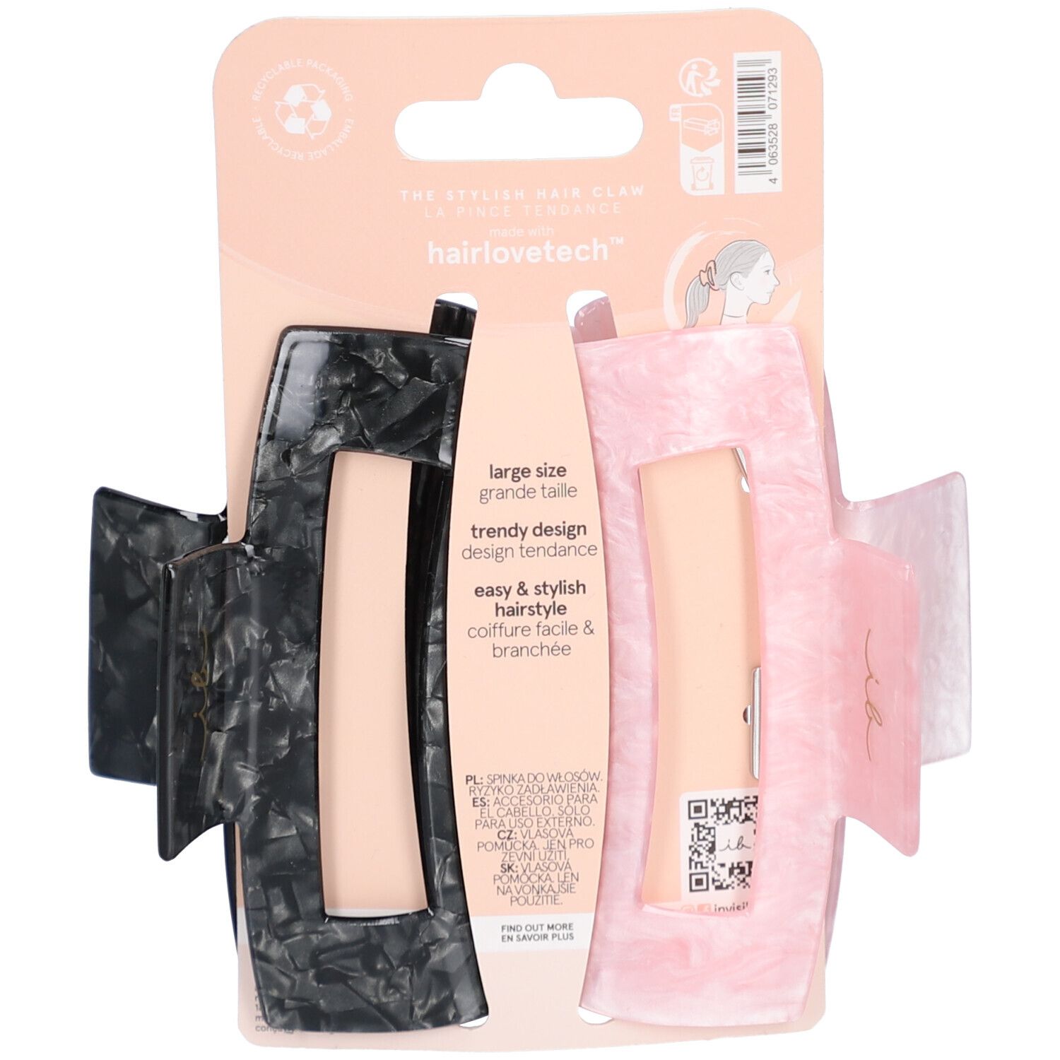 Set di fermagli per capelli in confezione. Un fermaglio nero e uno rosa. Scritta: hairlovetech, large size, trendy design.