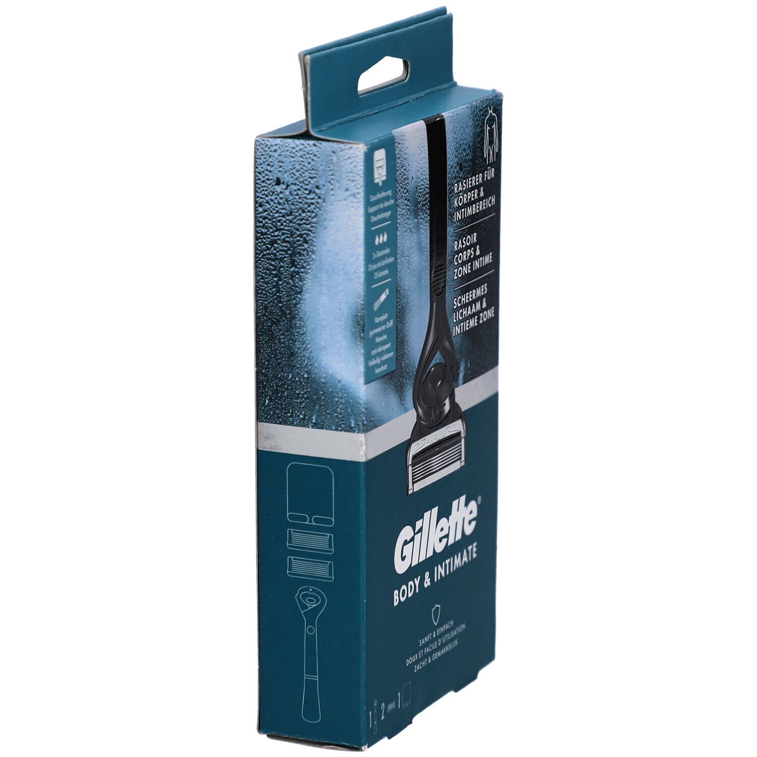 Vista laterale della confezione. Testo: Gillette Body & Intimate. Rasoio per corpo e zona intima.