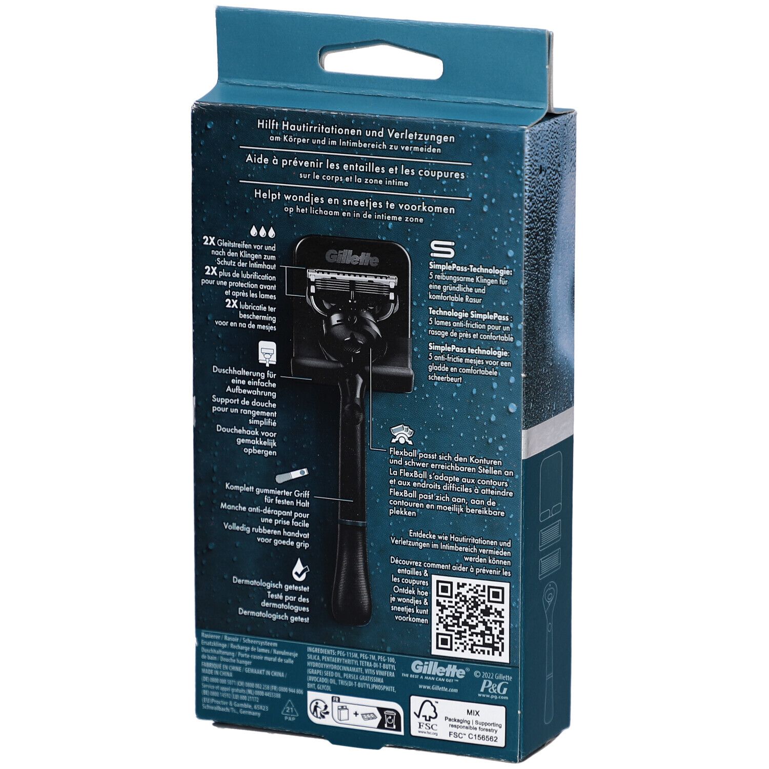 Retro della confezione. Testo: Gillette. Rasoio per corpo e zona intima. Con codice QR.