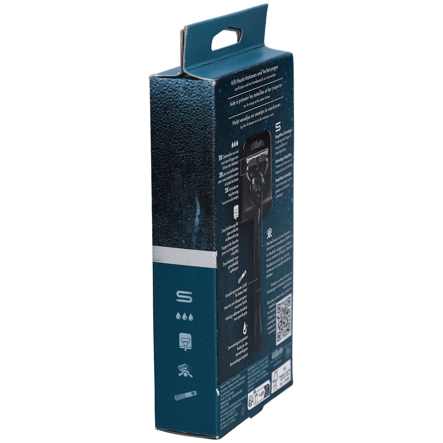 Vista laterale della confezione. Testo: Gillette. Rasoio per corpo e zona intima. Con codice QR.