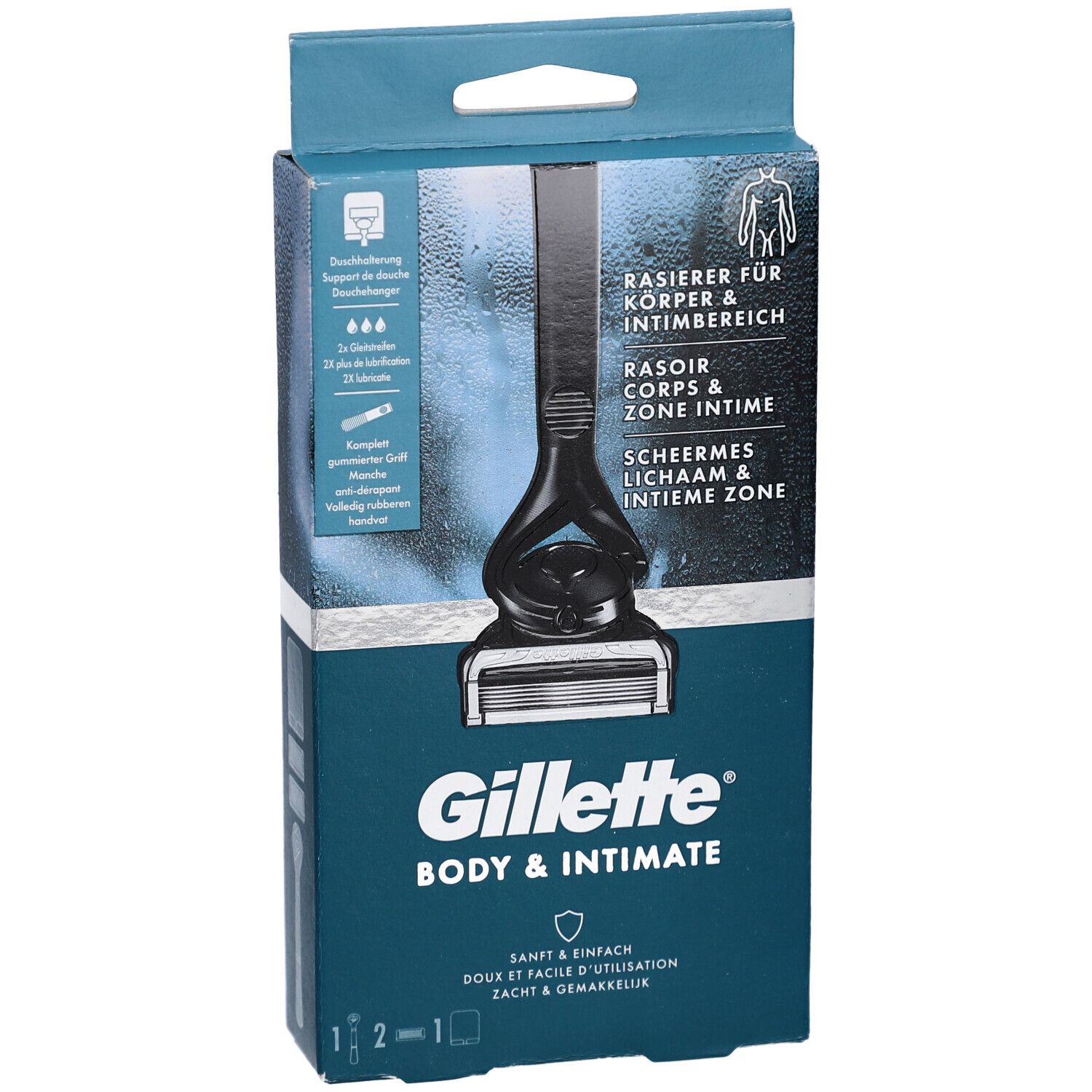 Confezione con rasoio. Testo: Gillette Body & Intimate. Rasoio per corpo e zona intima.