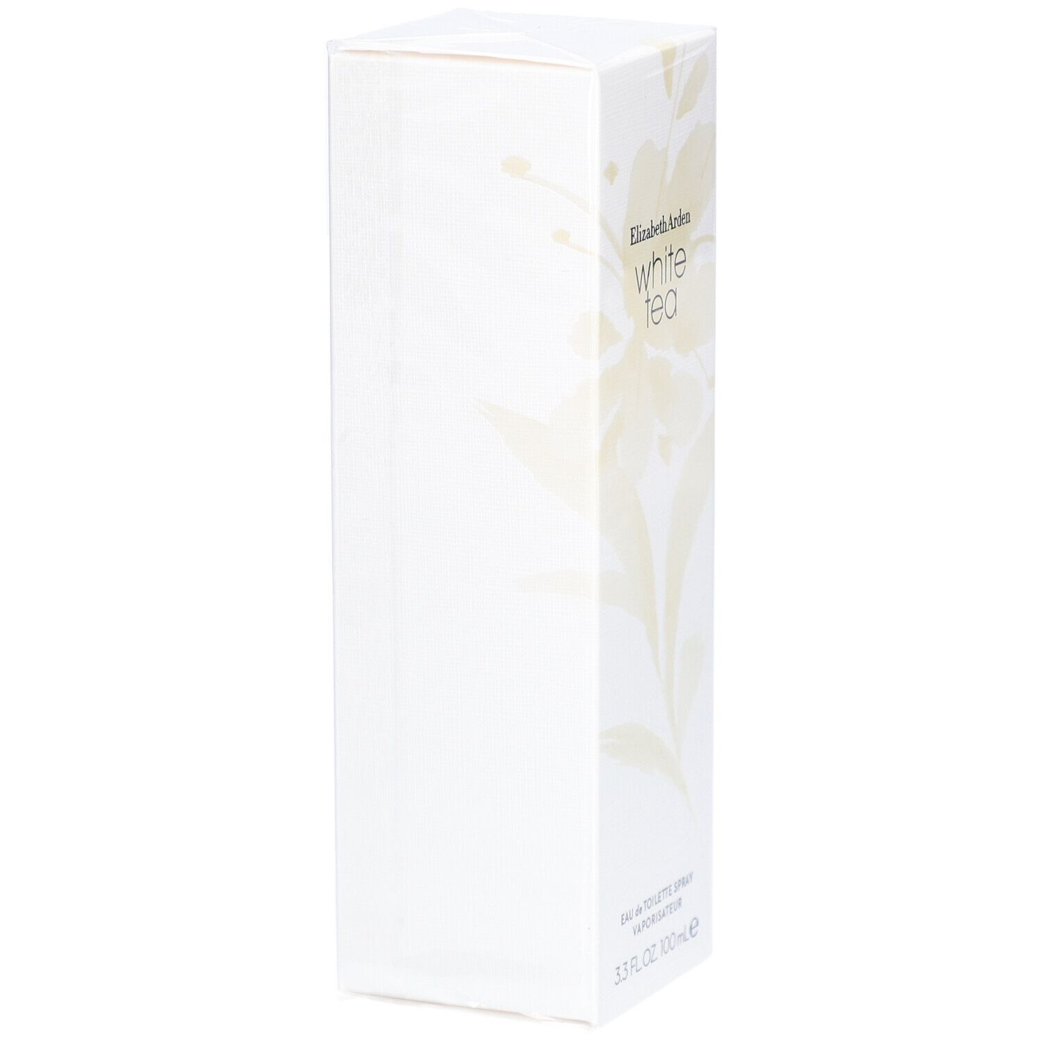 Scatola rettangolare bianca con motivo floreale. Scritta Elizabeth Arden White Tea. Eau de Toilette Spray.