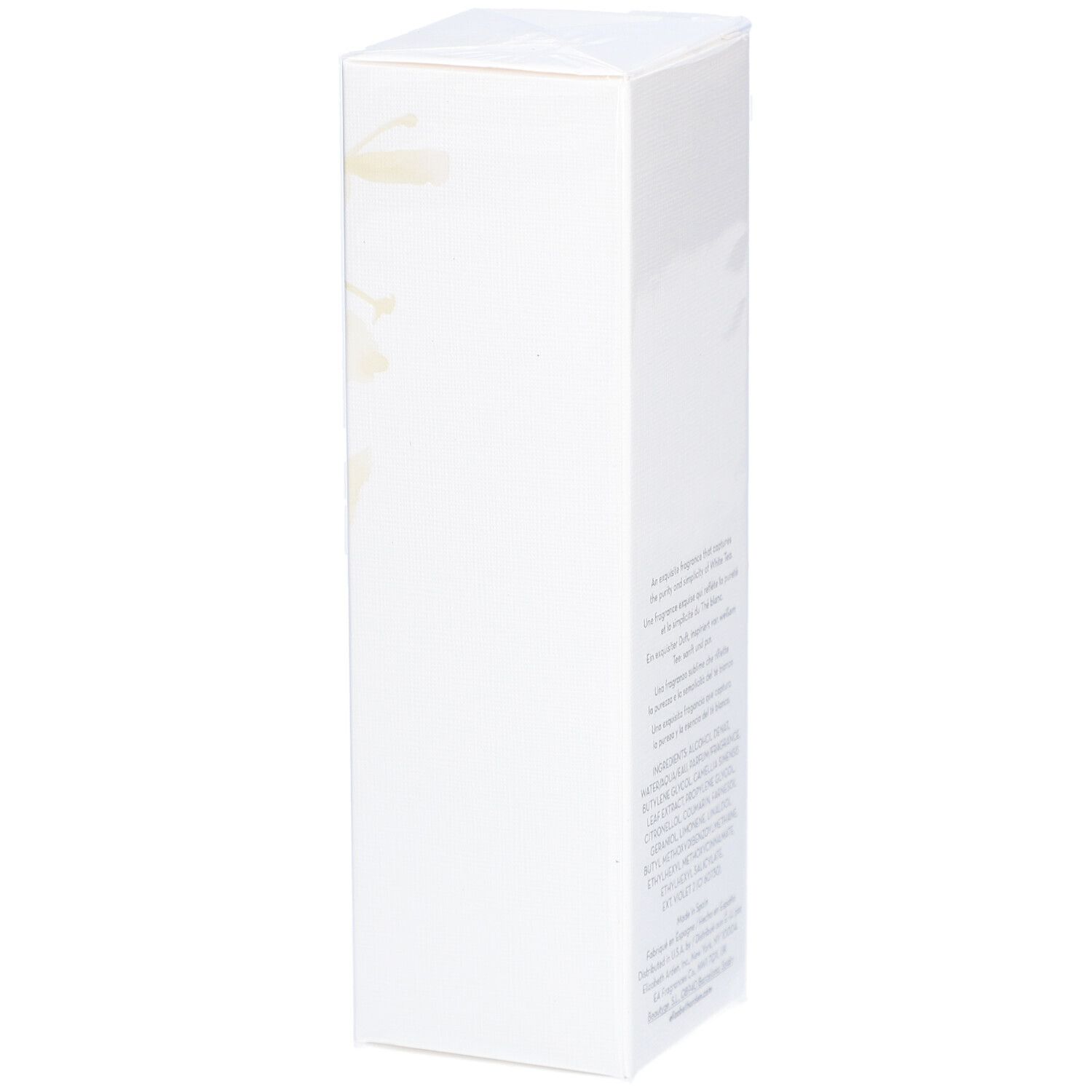 Scatola rettangolare bianca con motivo floreale. Testo con ingredienti e informazioni produttore.