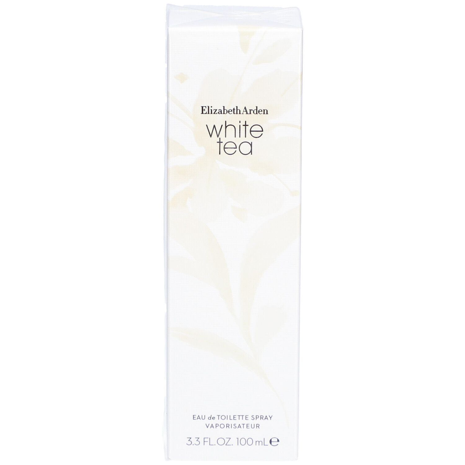 Scatola rettangolare bianca con motivo floreale e scritta Elizabeth Arden White Tea. Eau de Toilette Spray.