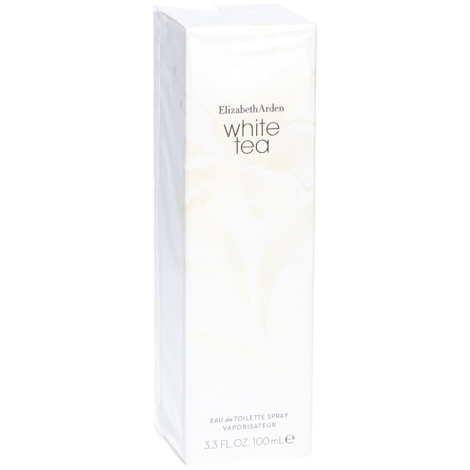 Scatola rettangolare bianca con motivo floreale e scritta Elizabeth Arden White Tea. Eau de Toilette Spray.