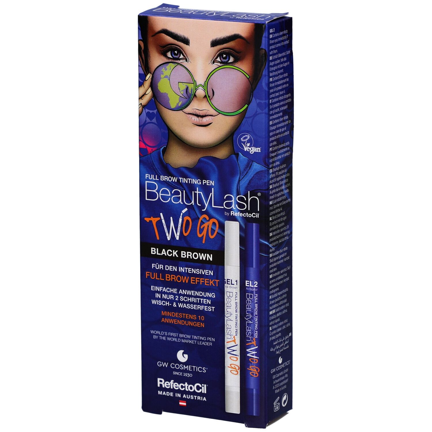 RefectoCil BeautyLash TWO GO Black Brown. Confezione con penne e immagine di un volto.