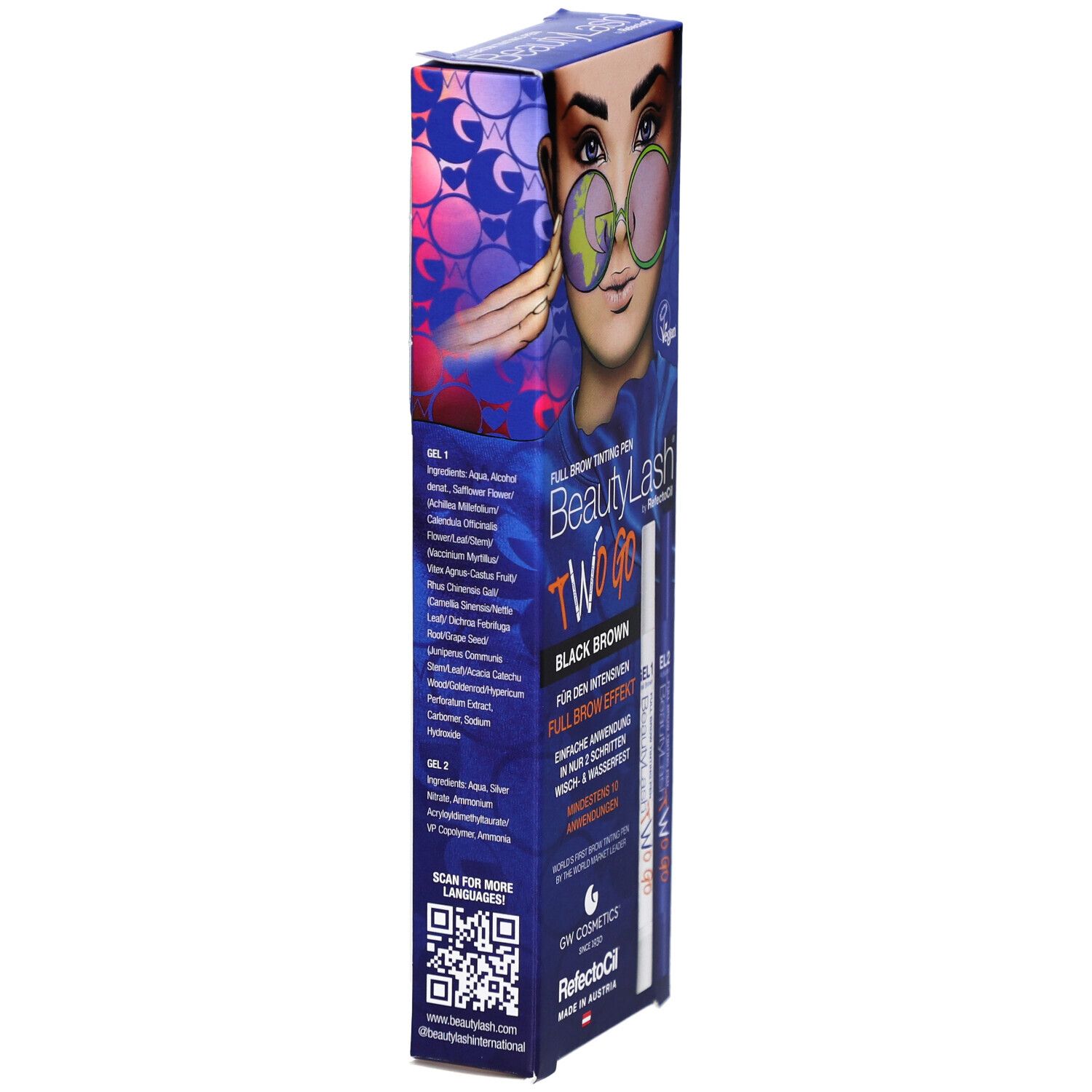 RefectoCil BeautyLash TWO GO Black Brown. Confezione, vista laterale con testo e codice QR.