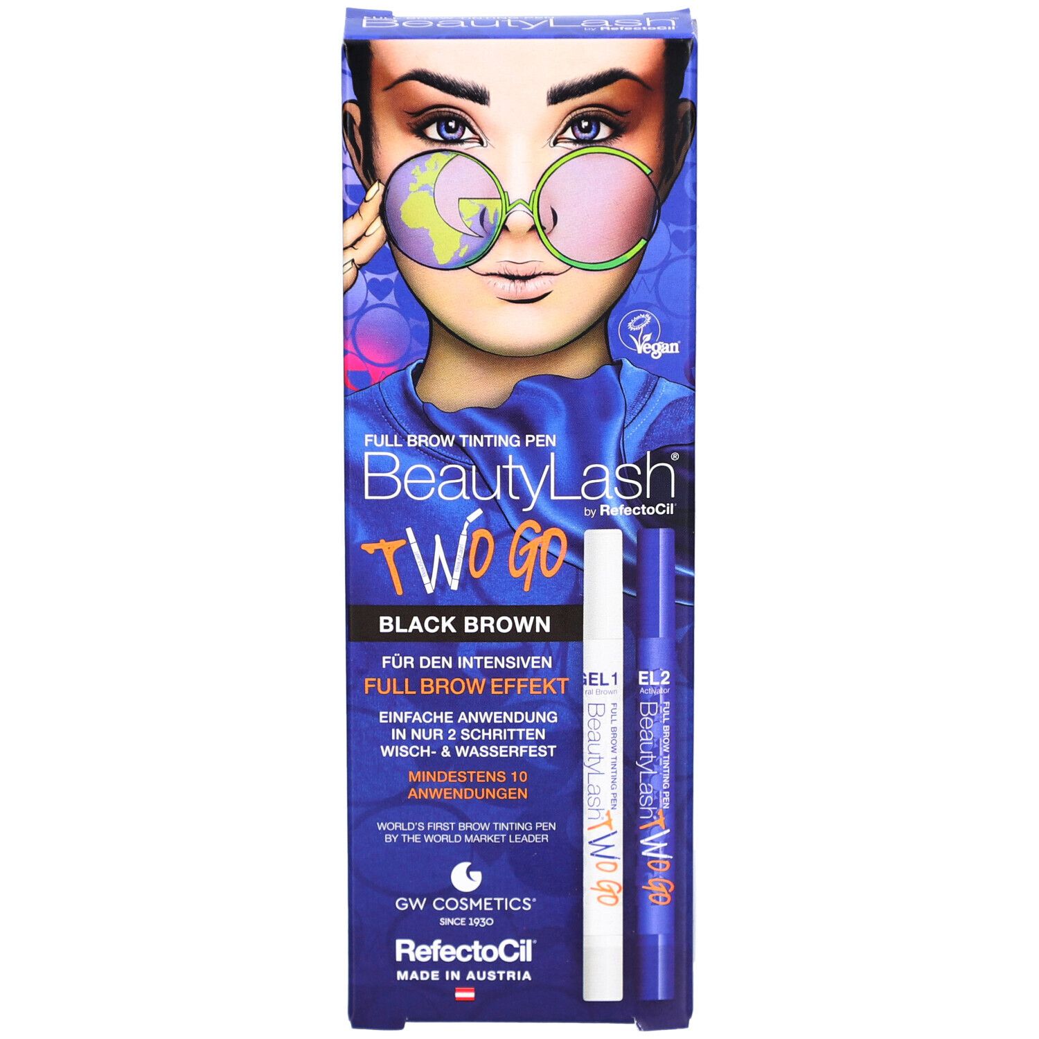 RefectoCil BeautyLash TWO GO Black Brown. Confezione con penne e immagine di un volto.