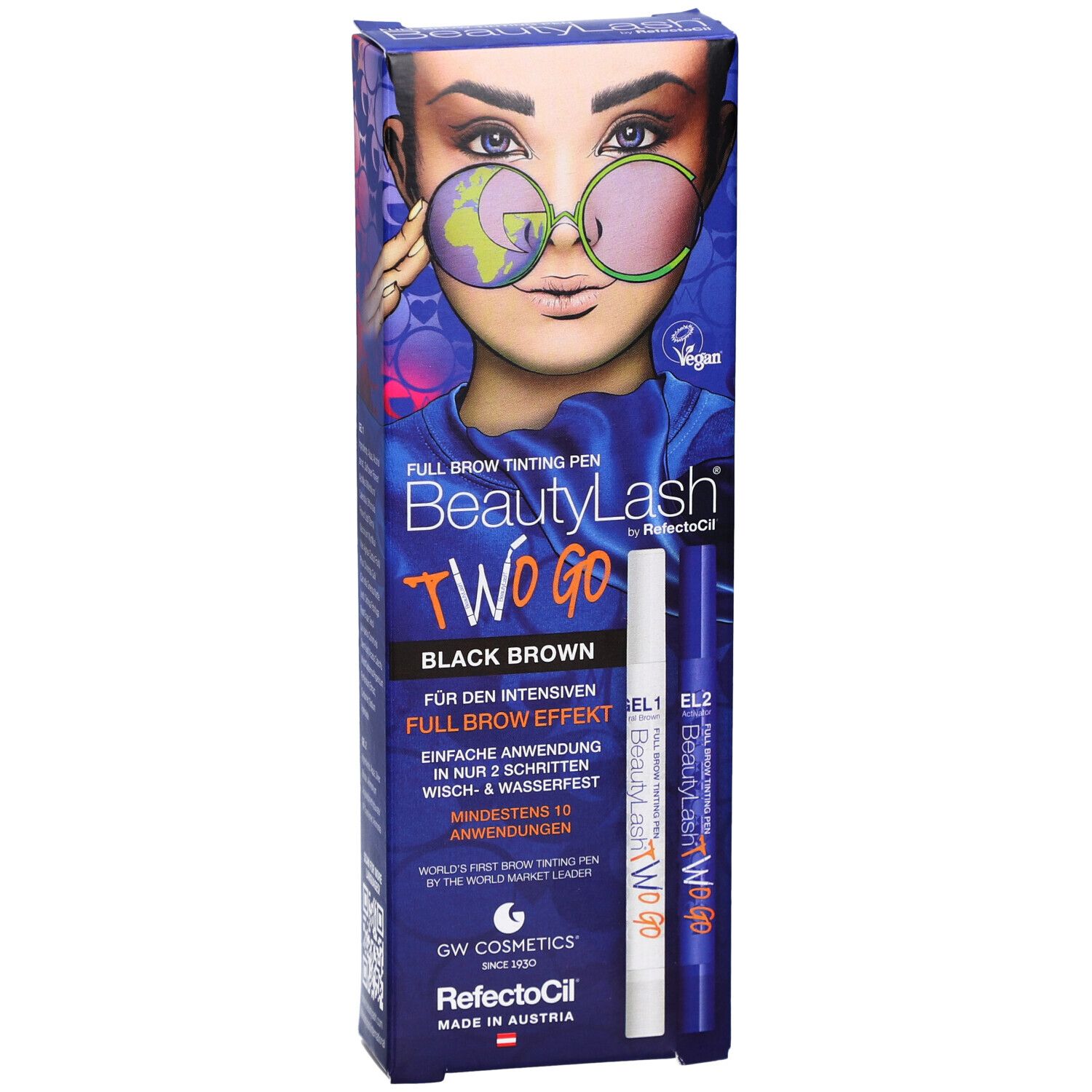 RefectoCil BeautyLash TWO GO Black Brown. Confezione con penne e immagine di un volto.