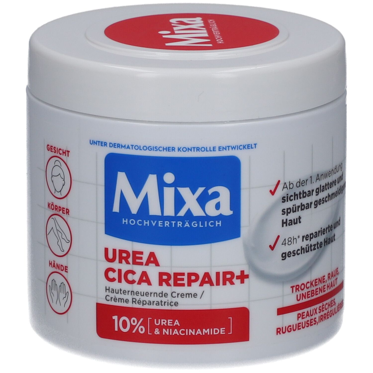 Vasetto bianco con coperchio rosso e scritta blu Mixa. Nome prodotto: Urea Cica Repair+. 10% Urea & Niacinamide.
