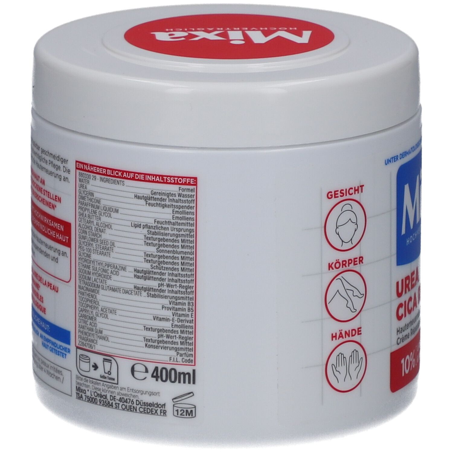 Vasetto bianco con coperchio rosso. Scritta Mixa e informazioni sul prodotto. Retro con ingredienti e volume di 400ml.