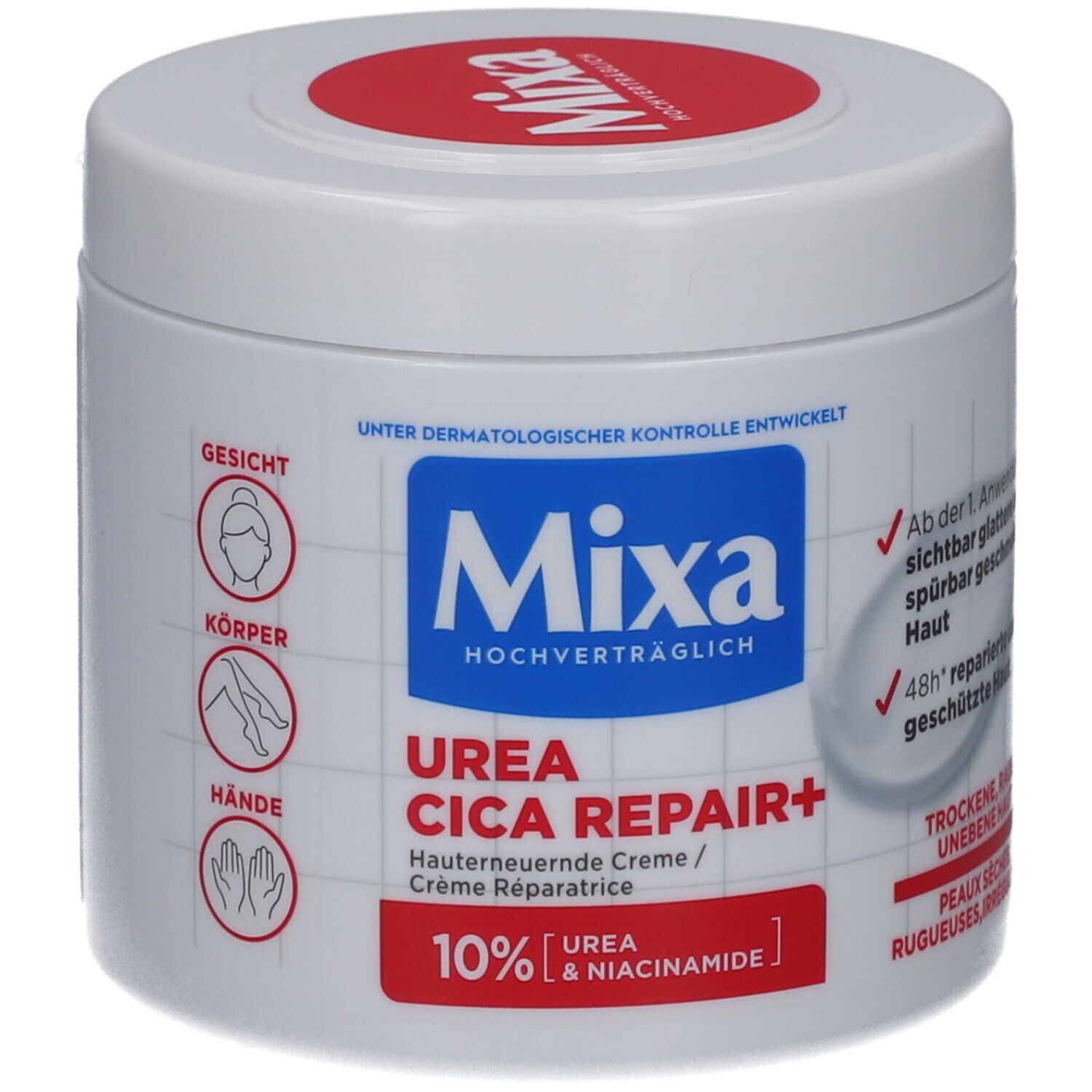 Vasetto bianco con coperchio rosso e scritta blu Mixa. Nome prodotto: Urea Cica Repair+. 10% Urea & Niacinamide.