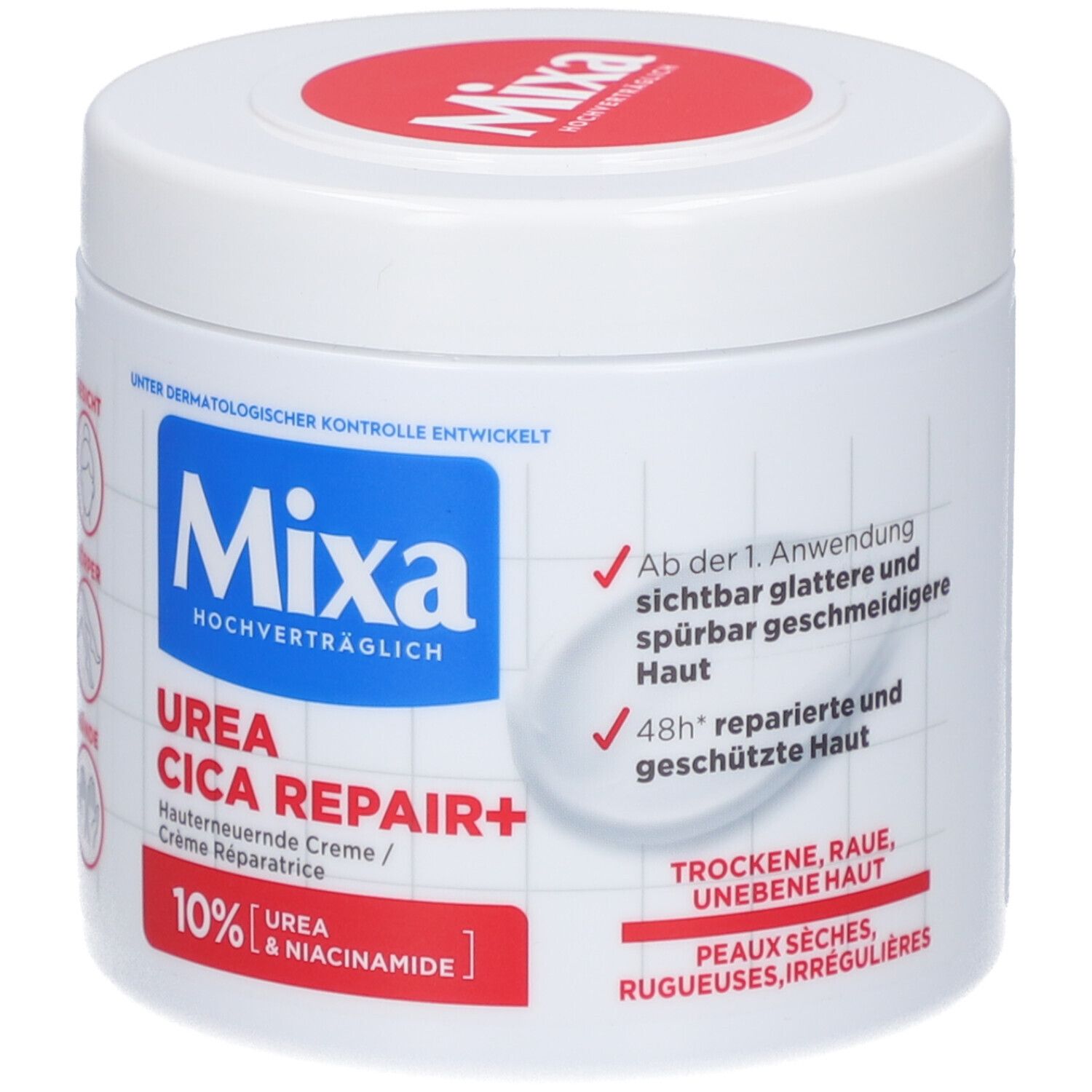 Vasetto bianco con coperchio rosso e scritta blu Mixa. Nome prodotto: Urea Cica Repair+. 10% Urea & Niacinamide.