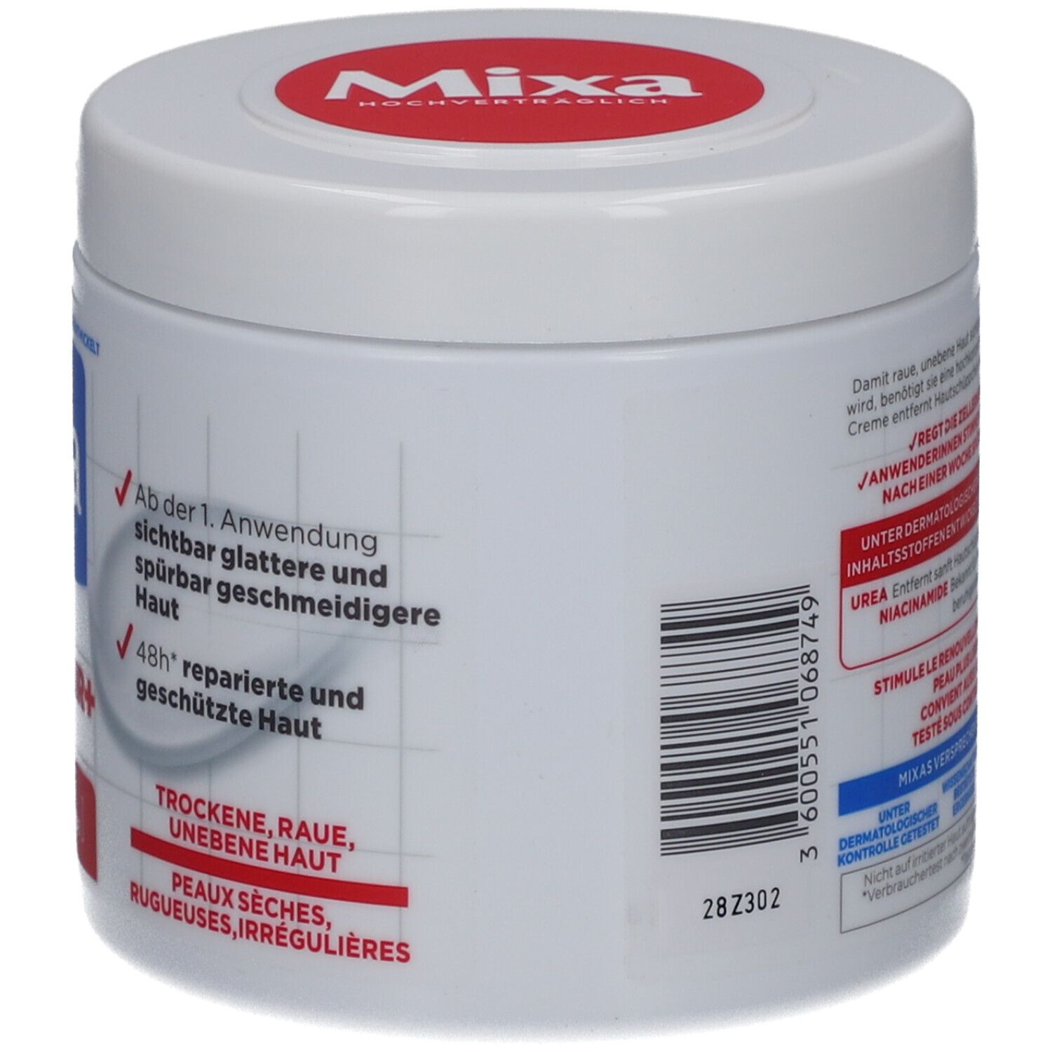 Vasetto bianco con coperchio rosso. Scritta Mixa e informazioni sul prodotto. Retro con testo e codice a barre.