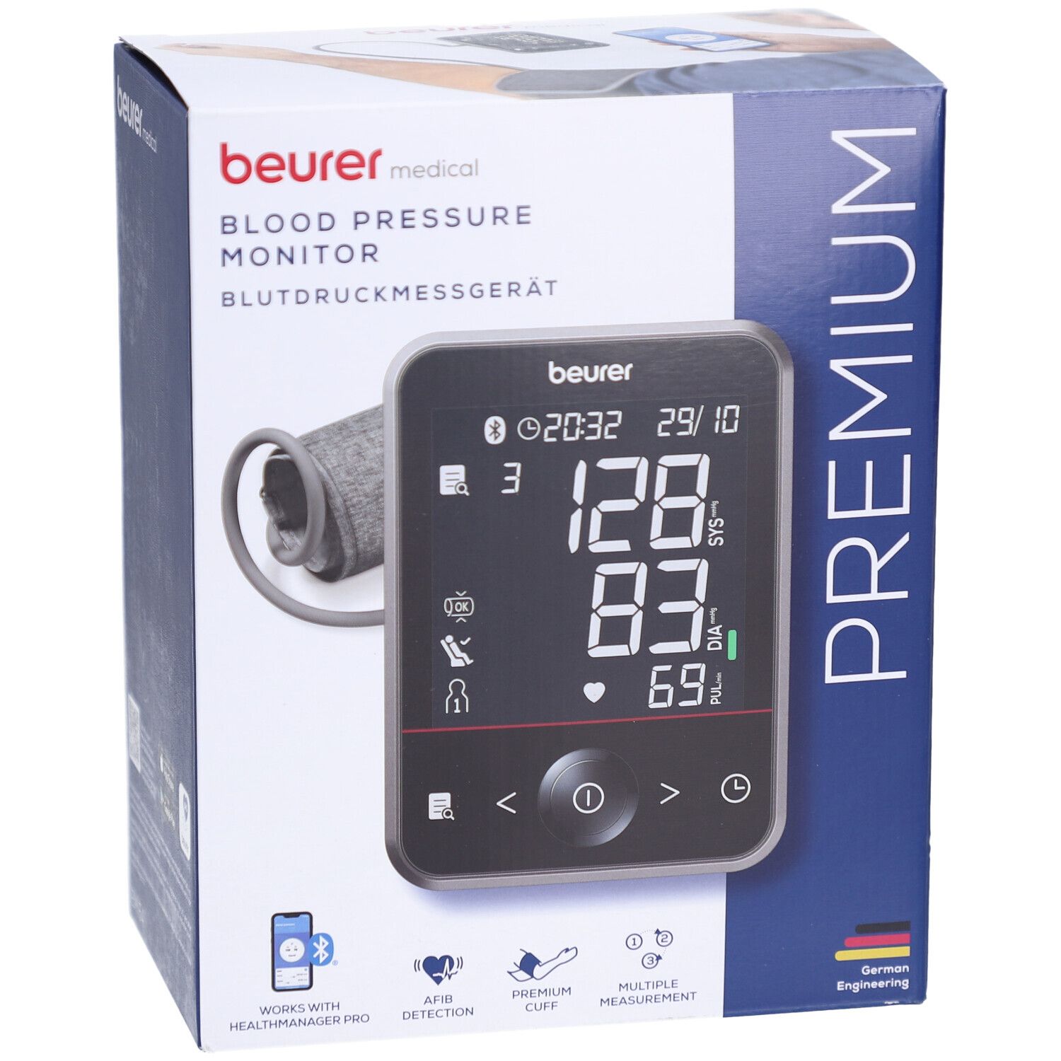 Misuratore pressione da braccio Beurer con bracciale e display digitale.