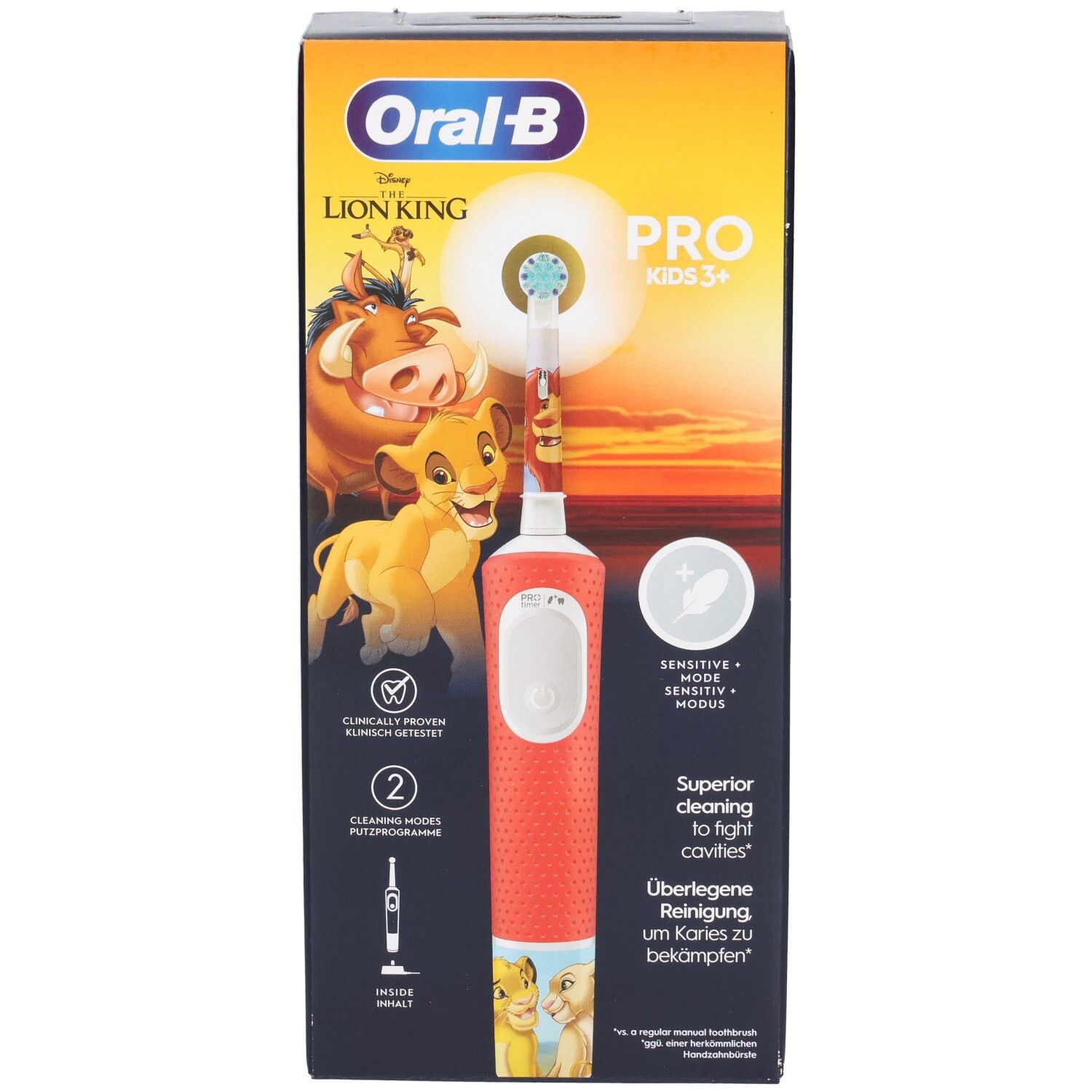 Spazzolino elettrico nella confezione. Manico arancione, design Disney. Oral-B Pro Kids 3+.