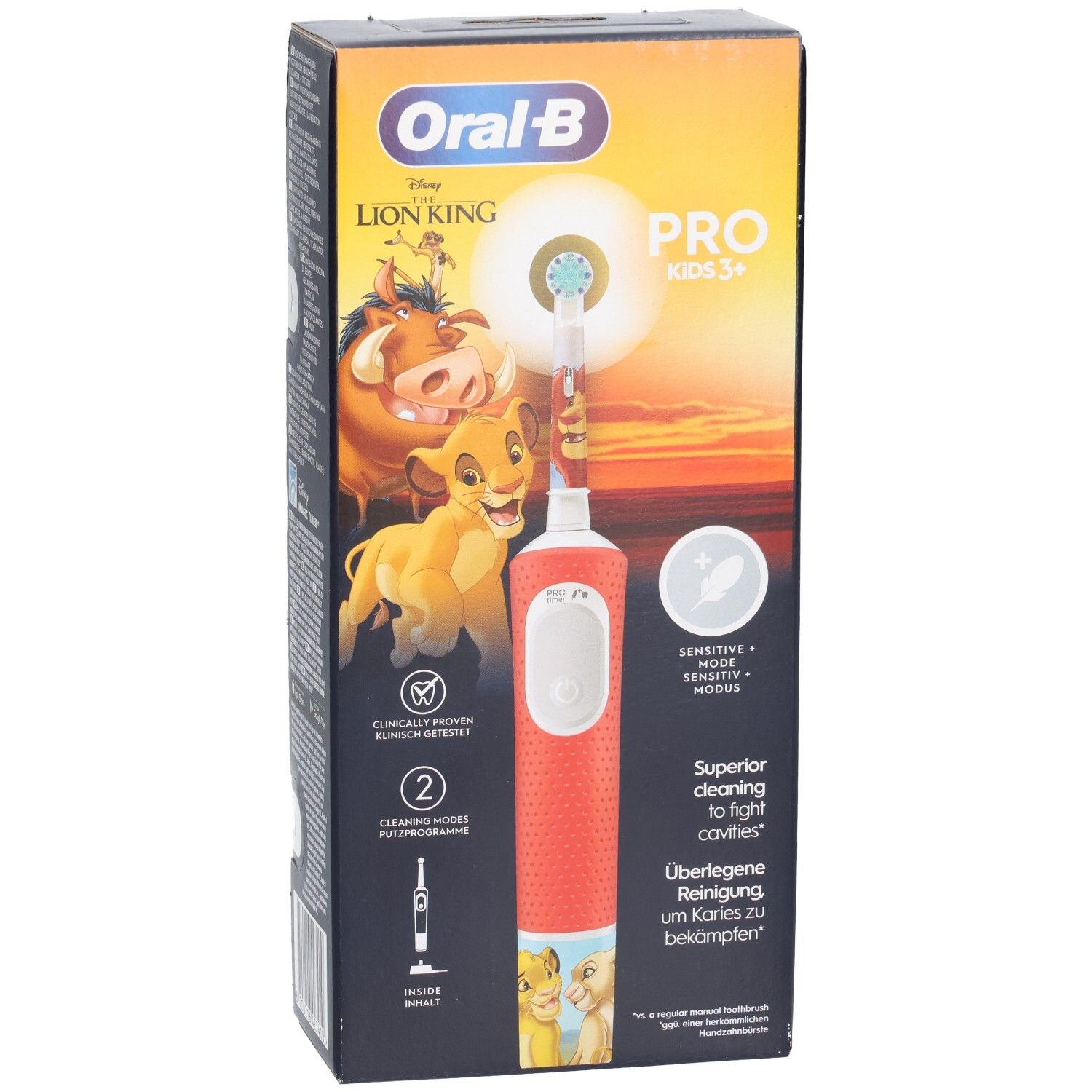 Spazzolino elettrico nella confezione. Manico arancione, design Disney. Oral-B Pro Kids 3+.